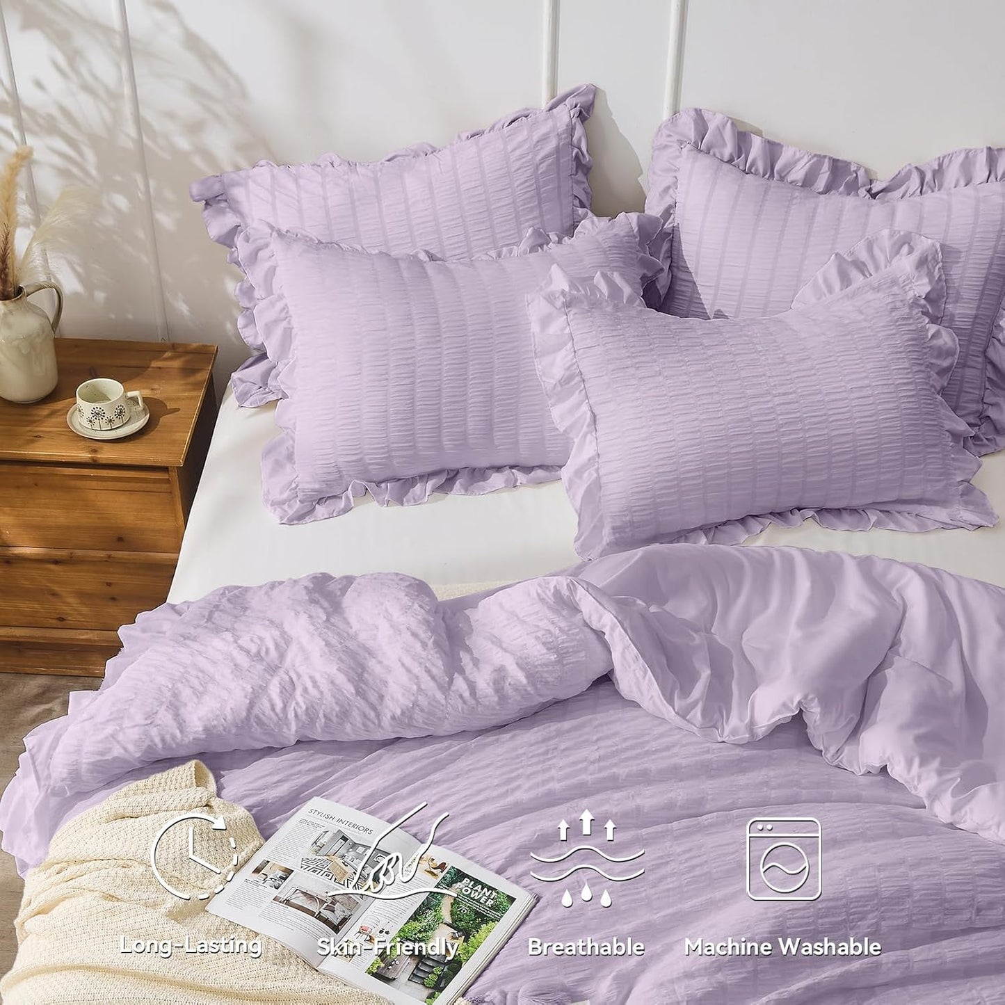 JOLLYVOGUE Lavender Comforter Full Size, 3 Pieces Seersucker Lightweight Full Size Bedding, All Season Fluffy Microfiber Bedding Comforter Set with 1 Ruffle Comforter and 2 Ruffle Pillowshams