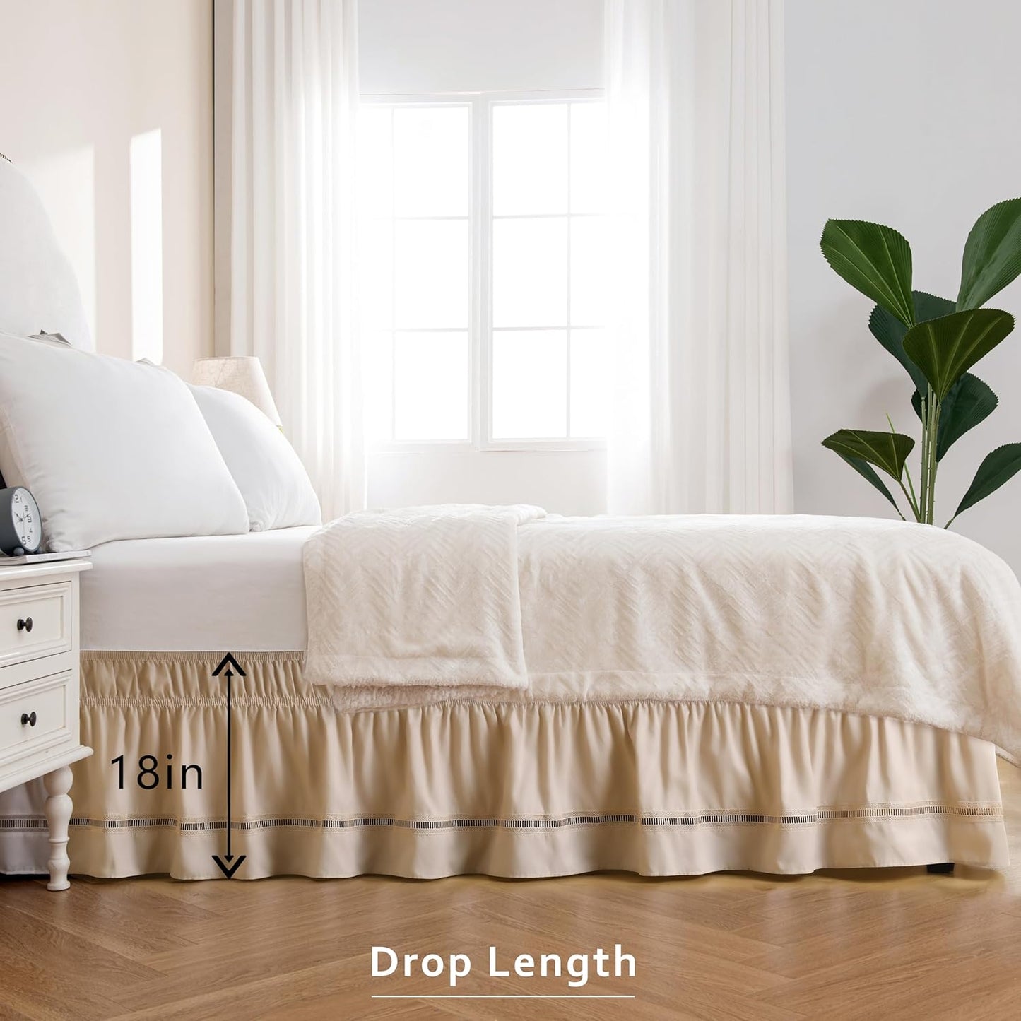 MIYE Wrap Around Ruffled Lace Bed Skirt, Elastic Dust Ruffle with Adjustable Belts, Easy to Put On, Bed Frame Cover, Machine Washable (Ruffled Lace/Beige, Full/Twin-18 Drop)