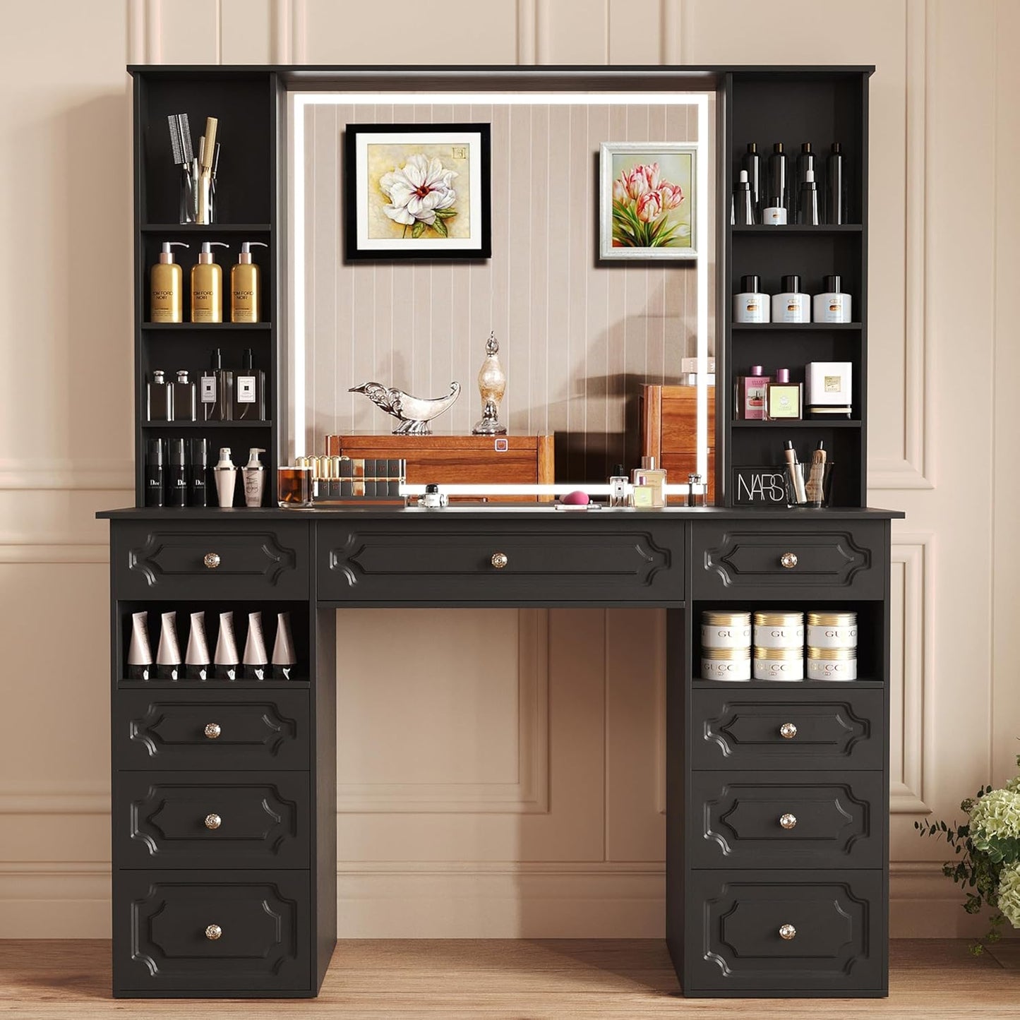 Makeup Vanity with 30" HD Lighted Mirror, 47" Large Vanity Desk with 9 Drawers & 10 Open Storage Shelves, Brightness Adjustable, Dressing Table for Bedroom, Women Girl (Black, B Panel)