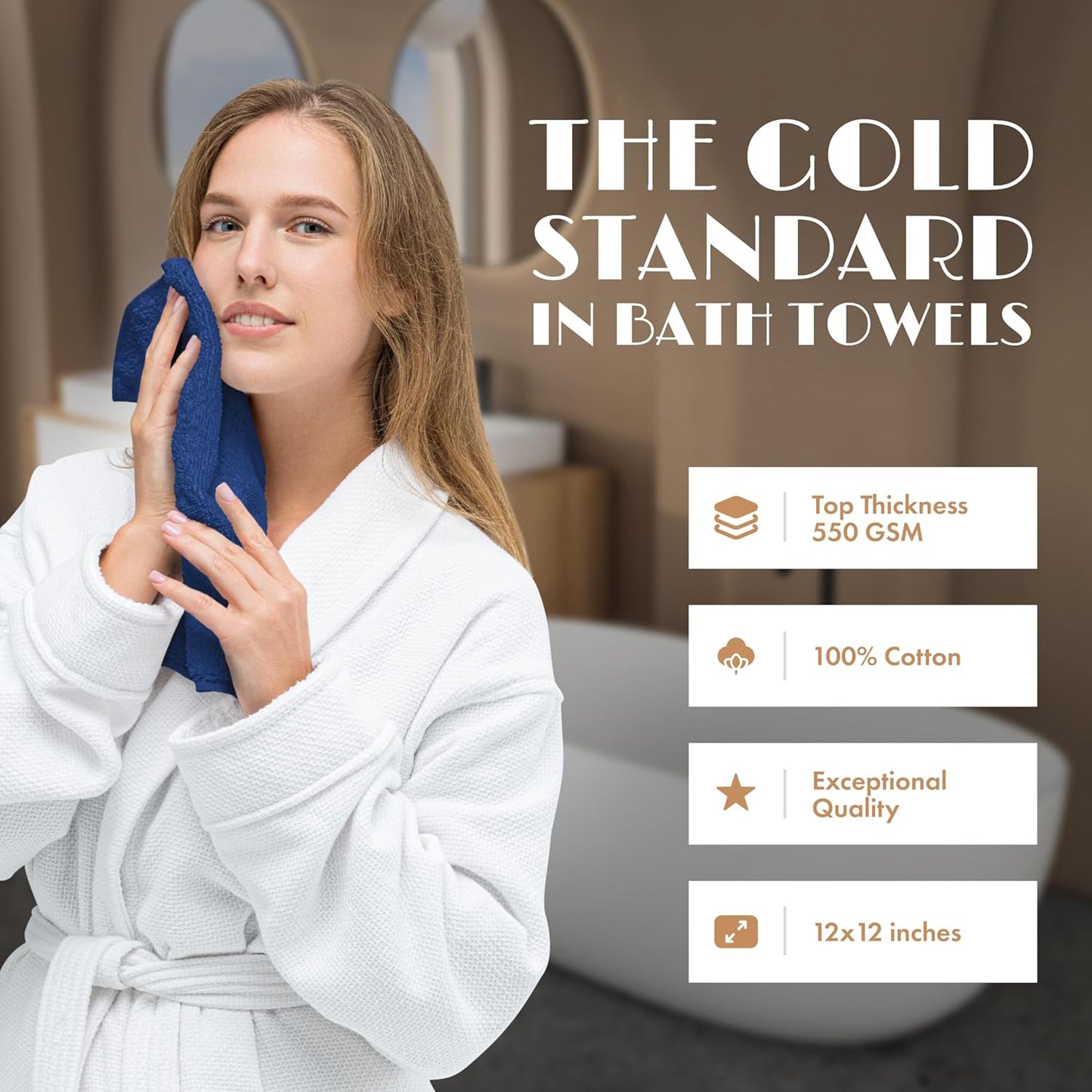 White Classic Navy Washcloths Set for Body and Face Towel, Cotton Wash Cloths Bulk 12 Pack, Spa Fingertip Wash Clothes 12x12 Inch, Soft Absorbent Gym Towels