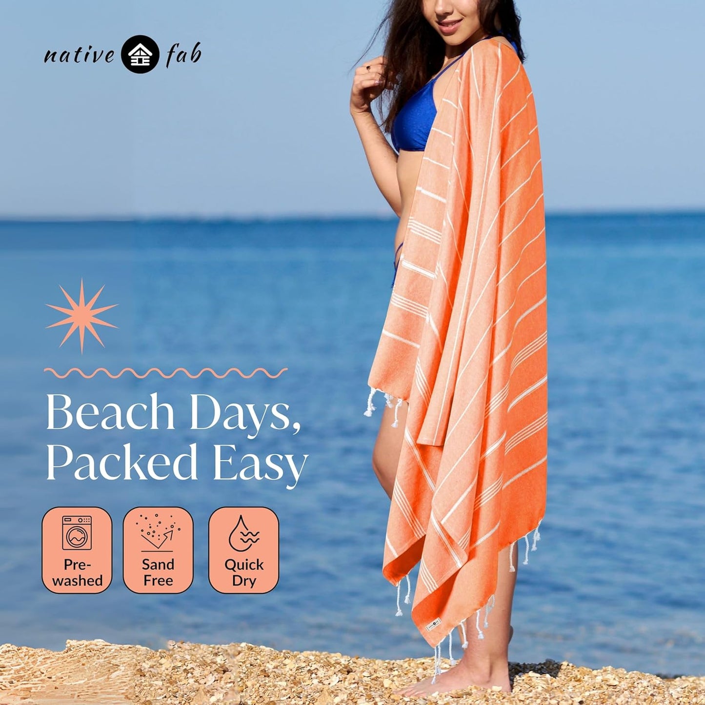 Native Fab Oversized Turkish Beach Towels 4 Pack, Fast Drying, Lightweight, Sand Free, Multipurpose Cotton for Pool, Spa, Travel, Summer - Black, Burgundy, Indigo Blue, Orange