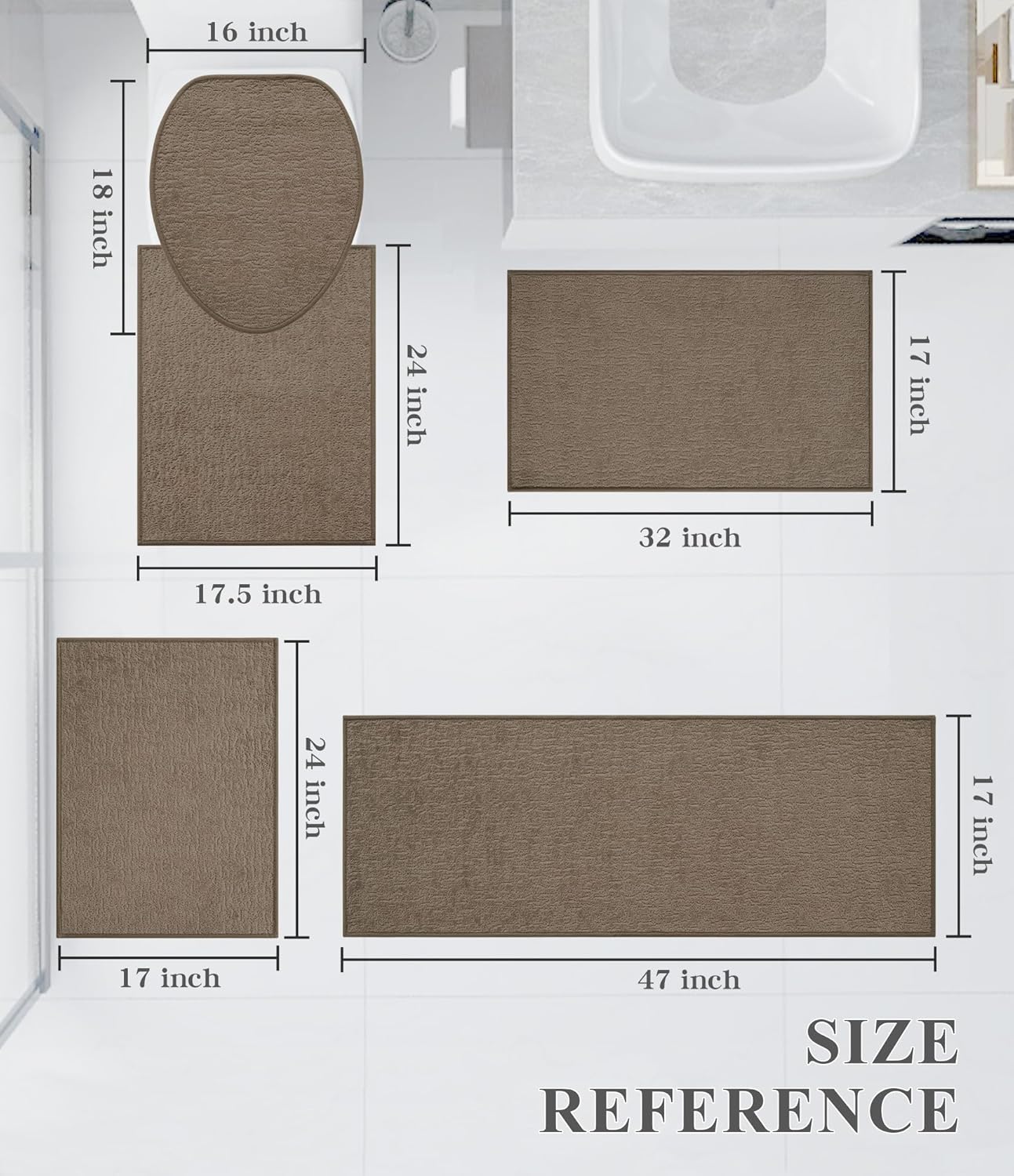 Chakme 5 Piece Bathroom Rug Sets, Ultra Thin Bath Mat, Absorbent, Non Slip, Machine Washable, Coffee, 17" x 24"