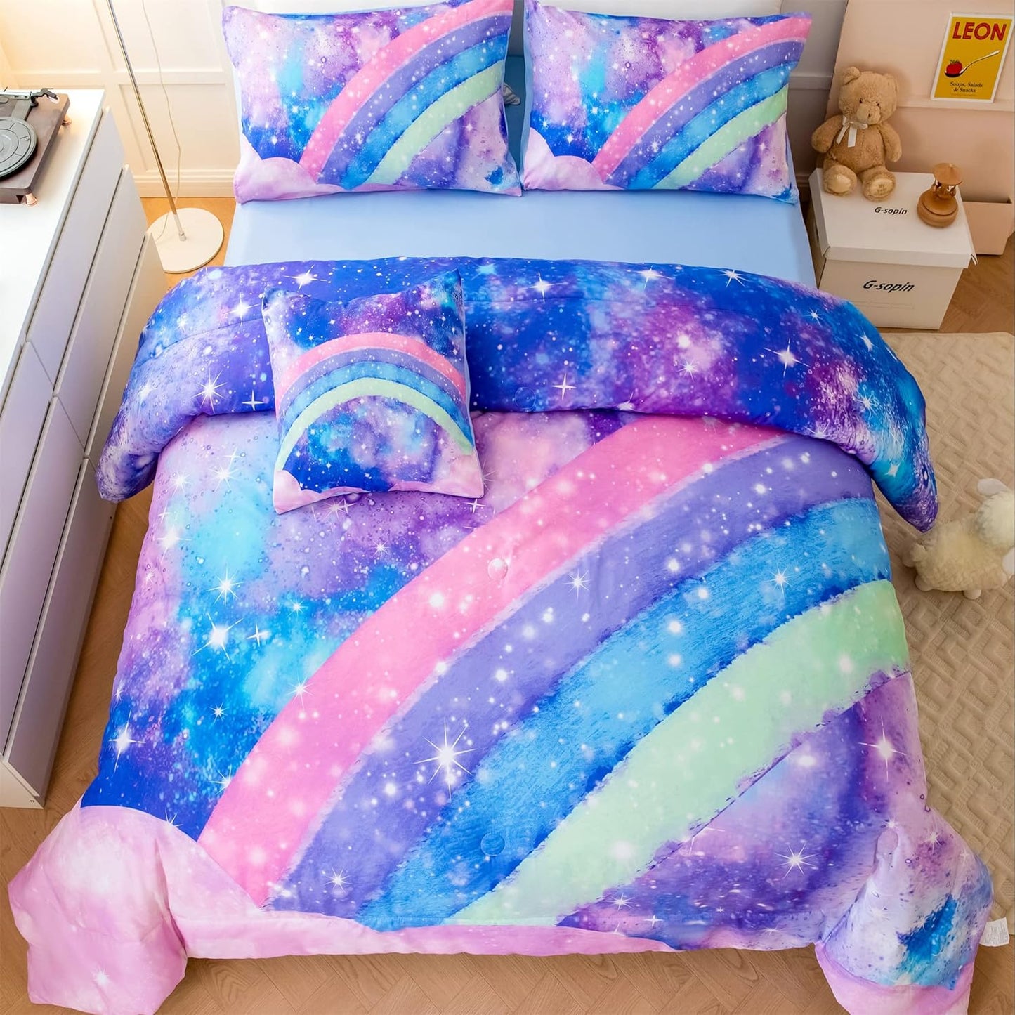 ANGIYUIN Rainbow Full Size Bedding Comforter Set for Girls Gradient Glitter Comforter Set 3D Tie Dye Blue Bedding Sets 6Pcs Soft Lightweight Girl Bed in A Bag for All Season