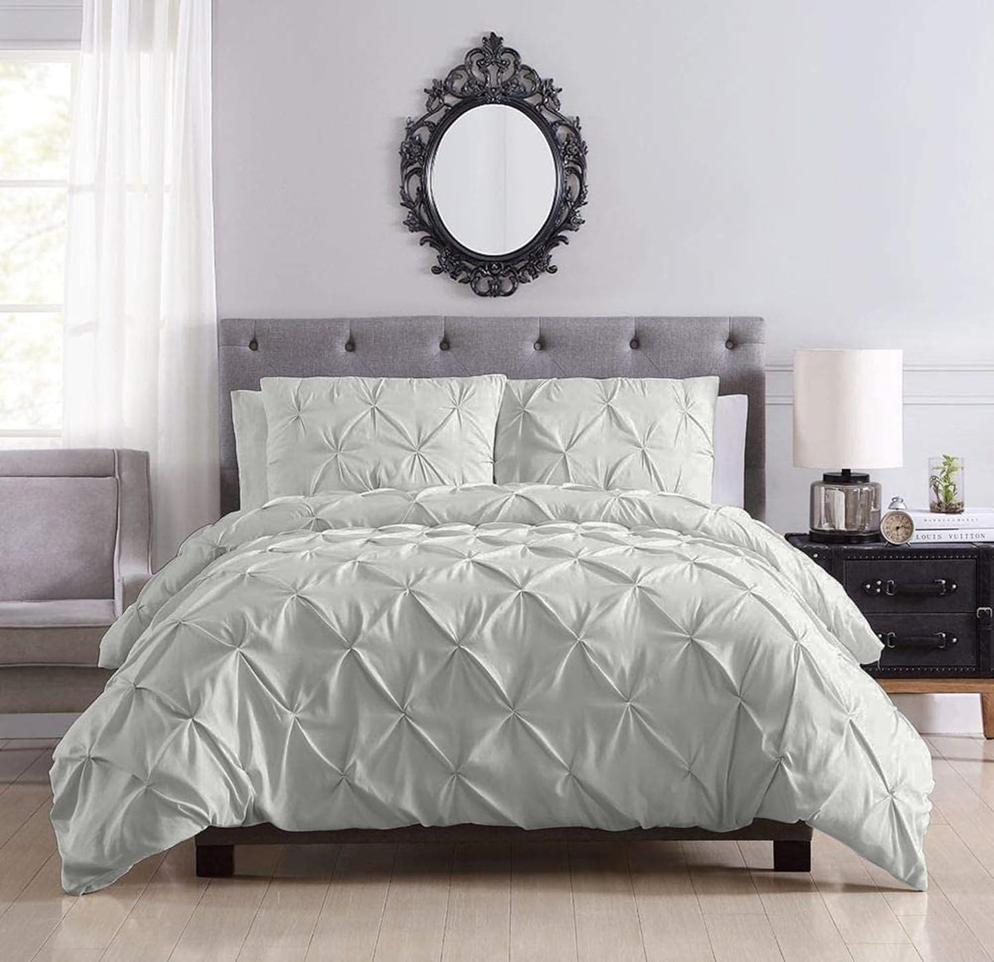 Pinch Pleated Duvet Cover Set 100% Cotton 3PC Full Size 80x90 Duvet Cover Set, Decorative Pinch Design Silver Grey Duvet Cover with Matching Pillow Case