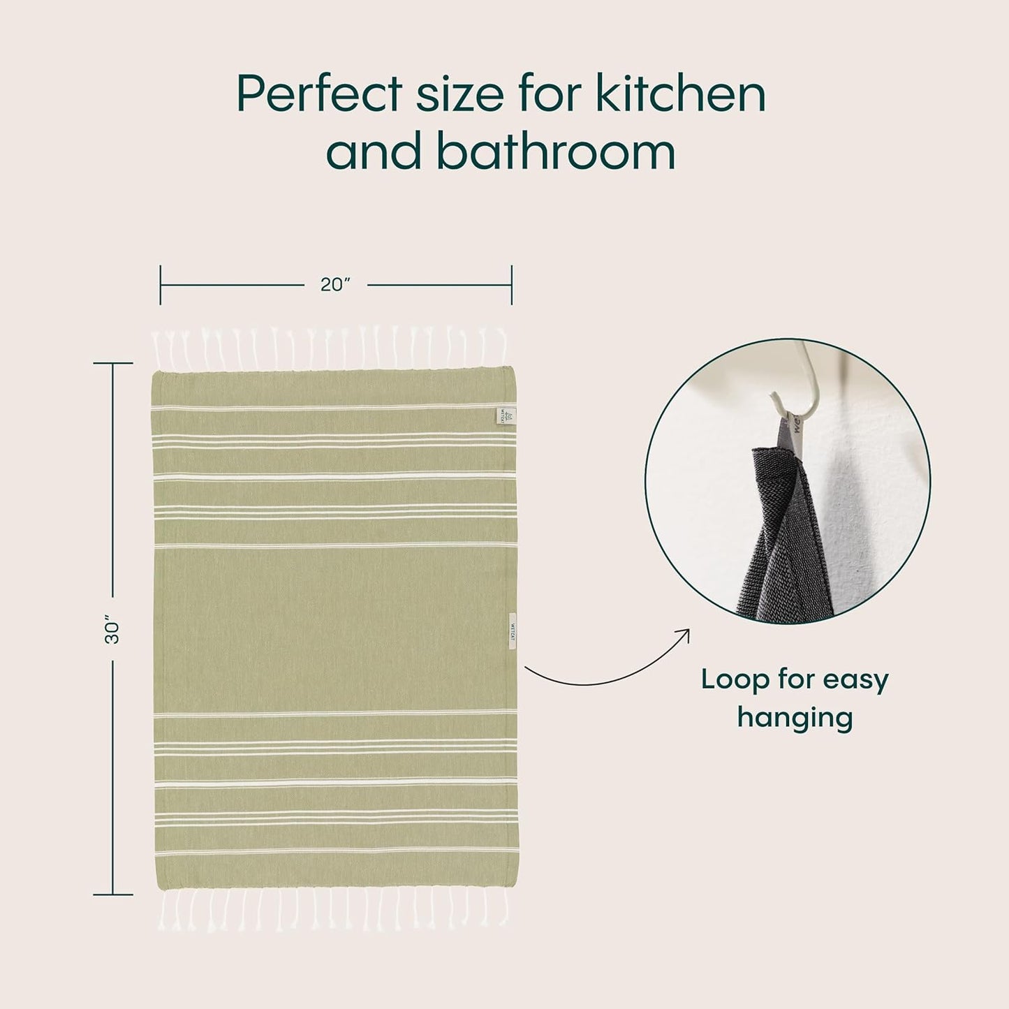 WETCAT Turkish Hand Towels with Hanging Loop, Set of 2 (20" x 30") 100% Turkish Cotton, Pre-Washed, Quick Drying, for Kitchen or Bathroom - Sage Green