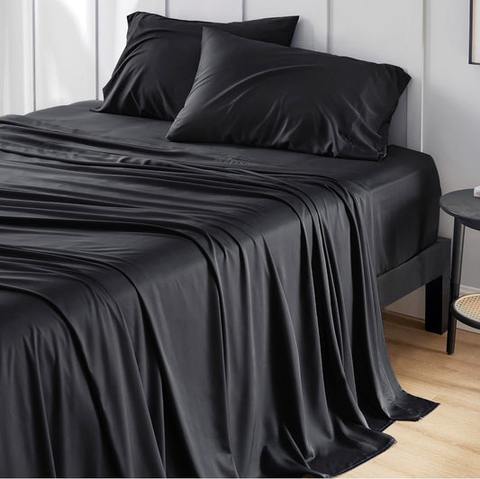Bedsure Cooling Sheets Twin XL, Rayon Derived from Bamboo, Breathable & Soft Twin XL Sheet Sets, Deep Pocket Up to 16 Inches, Hotel Luxury Silky Dorm Bedding for Hot Sleepers, Black