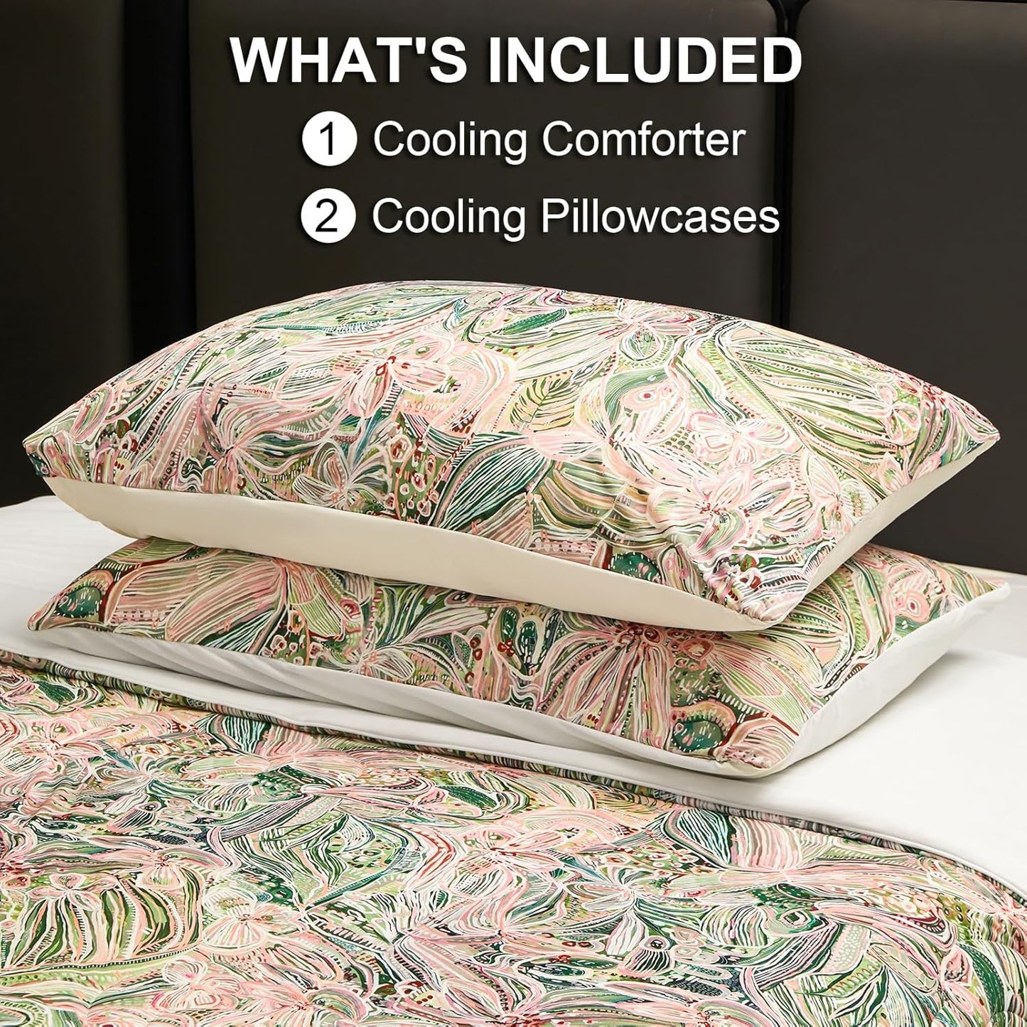 Cyusri Floral Print Cooling Comforter Set 3Pcs Breathable Cool Queen Size Bedding Set with 2 Pillowcases Green Pink Flowers Pattern Silky Cold Quilt, 90"x90"