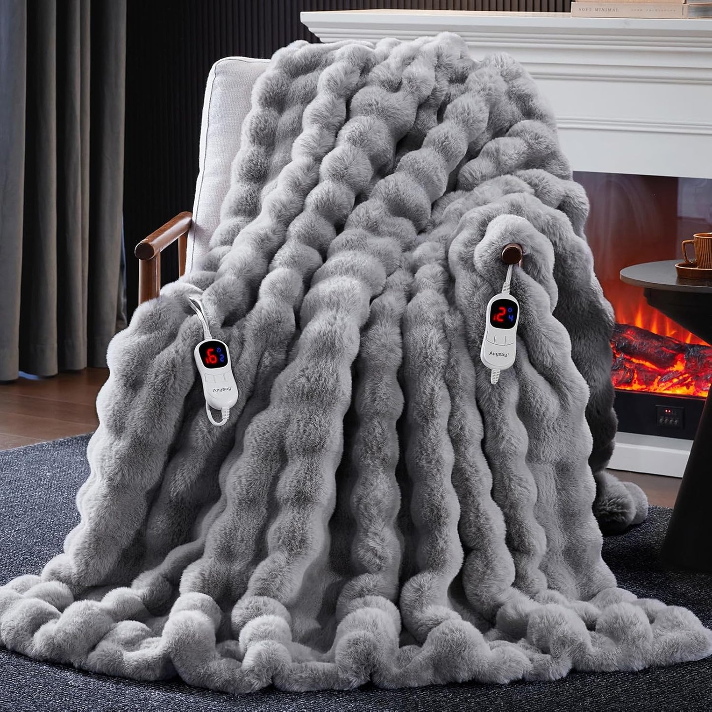 Heated Blanket King Size with 1/2/4/6/8 Hours Auto-Off 10 Heat Level, 90'' * 100'' Cozy Faux Rabbit Fur Bubble Electric Blanket with Overheat Protection(Light Grey)