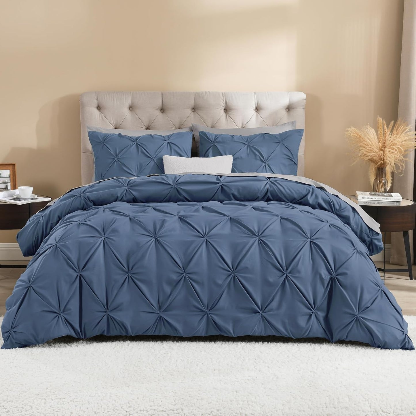 Litanika Ocean Blue King Pinch Pleat Duvet Cover, 3 Pieces Pintuck Cover Soft Microfiber Bedding Set with Zipper Closure & Corner Ties(104x90Inch-1 Duvet Cover, 2 Pillowcases)