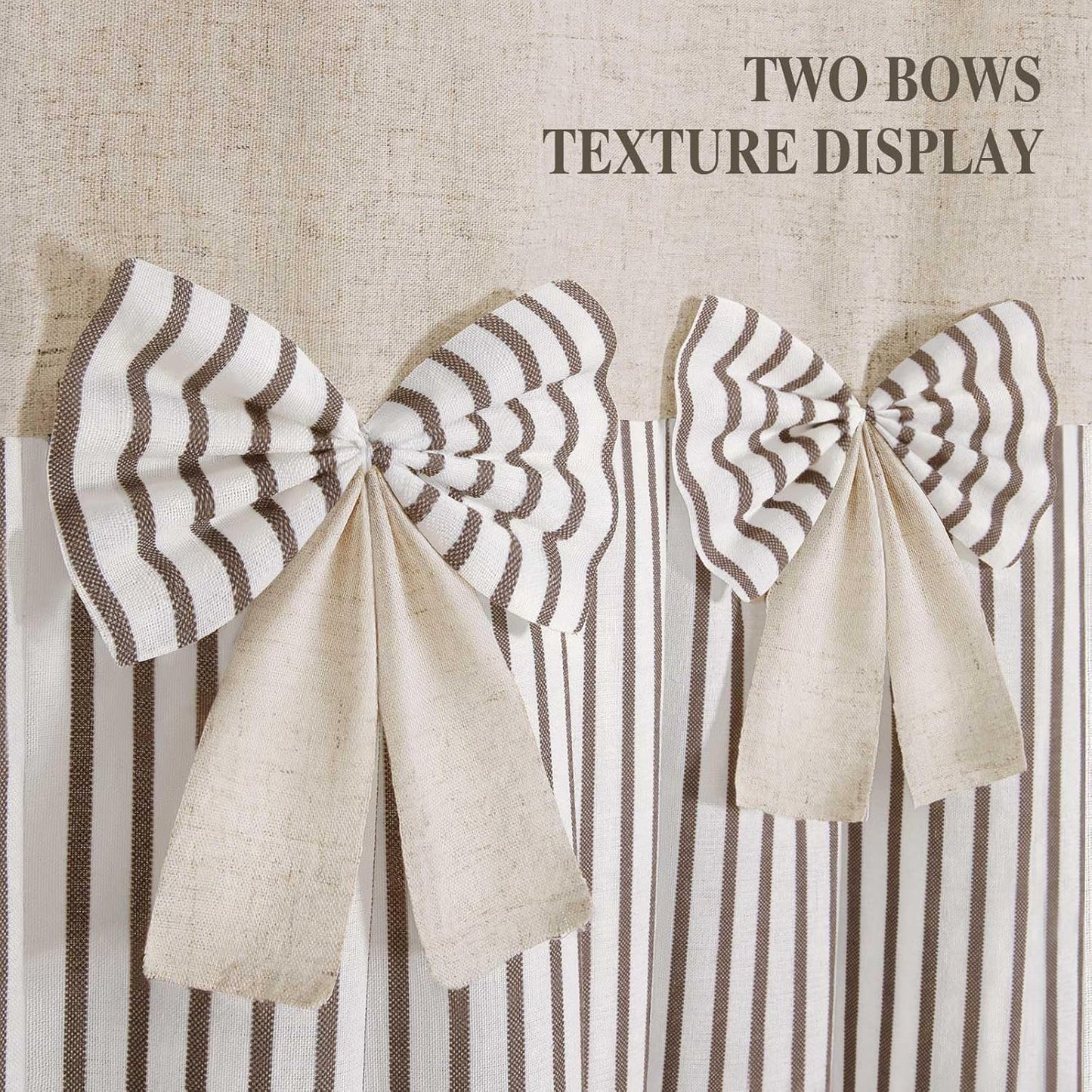 Farmhouse Shower Curtain Linen Beige Bow Woven Fabric Country Rustic Western, Pleated Brown Stripe 72" W x 72" L