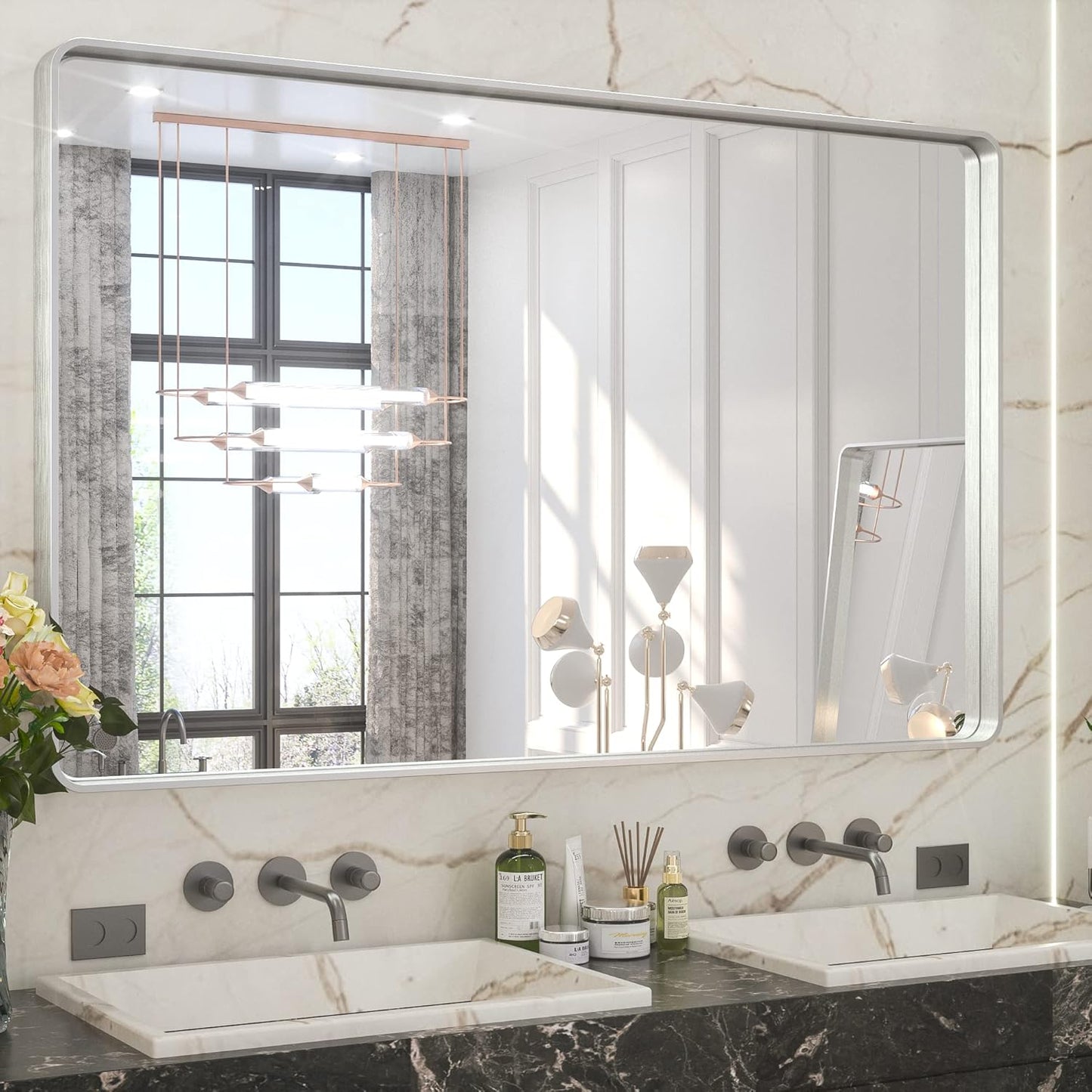 TETOTE 48 x 30 Inch Bathroom Vanity Mirror, Silver Framed Brushed Nickel Modern Farmhouse Decorative Rectangle Entryway Wall Mirror (Horizontal/Vertical)