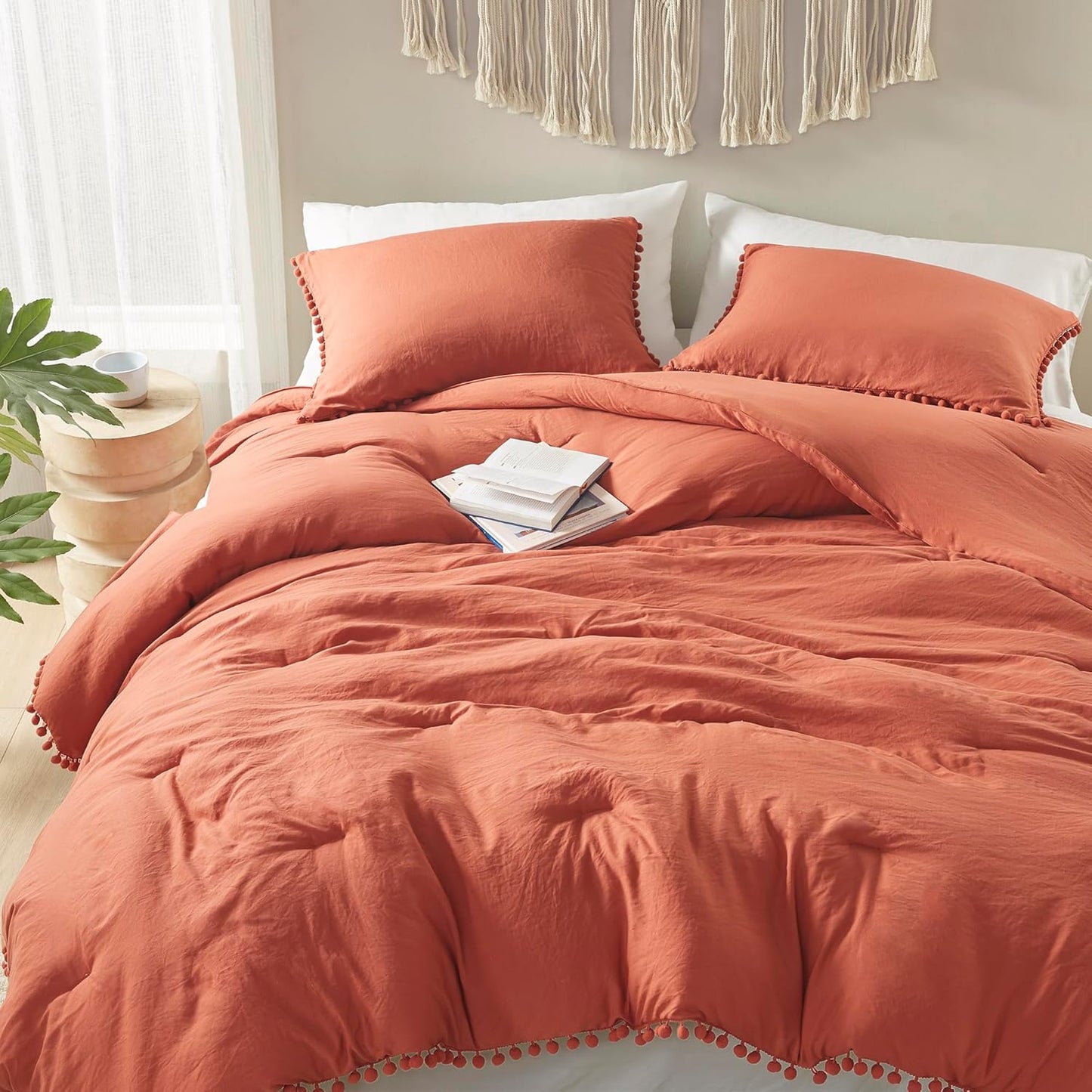 Codi Terracotta King Comforter Set - Boho Chic Bedding with Elegant Pom Fringe, Soft Washed Microfiber 3pc Luxury Set, Lightweight & Breathable for Master Bedroom, 1 Comforter & 2 Pillow Shams