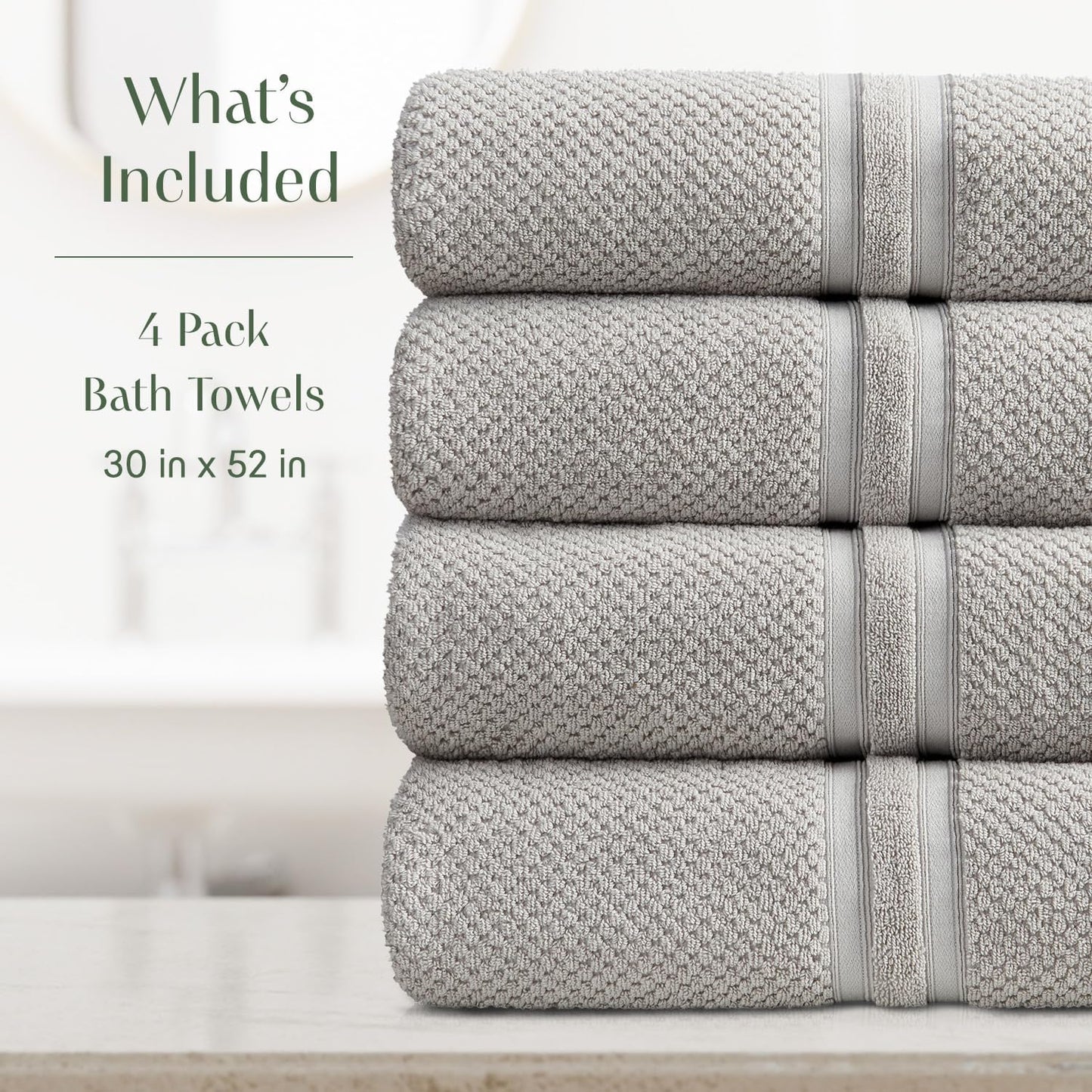 Springtree Home Grey Bath Towels Set of 4 | Popcorn Textured | 100% Combed Cotton | Absorbent Quick-Dry Gray Towels for Bathroom | Oeko-TEX® Standard 100 Cotton | Poli Collection - High Rise Grey
