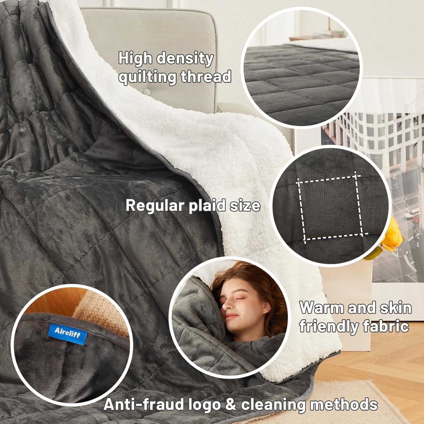 Weighted Blanket 15 lbs 60x80 inches, Sherpa Fleece Throw Blanket for Adult, Fuzzy Fluffy Soft Cozy Heavy Blanket for Couch Sofa, Plush Thick and Warm Winter Blanket Queen Size Bed