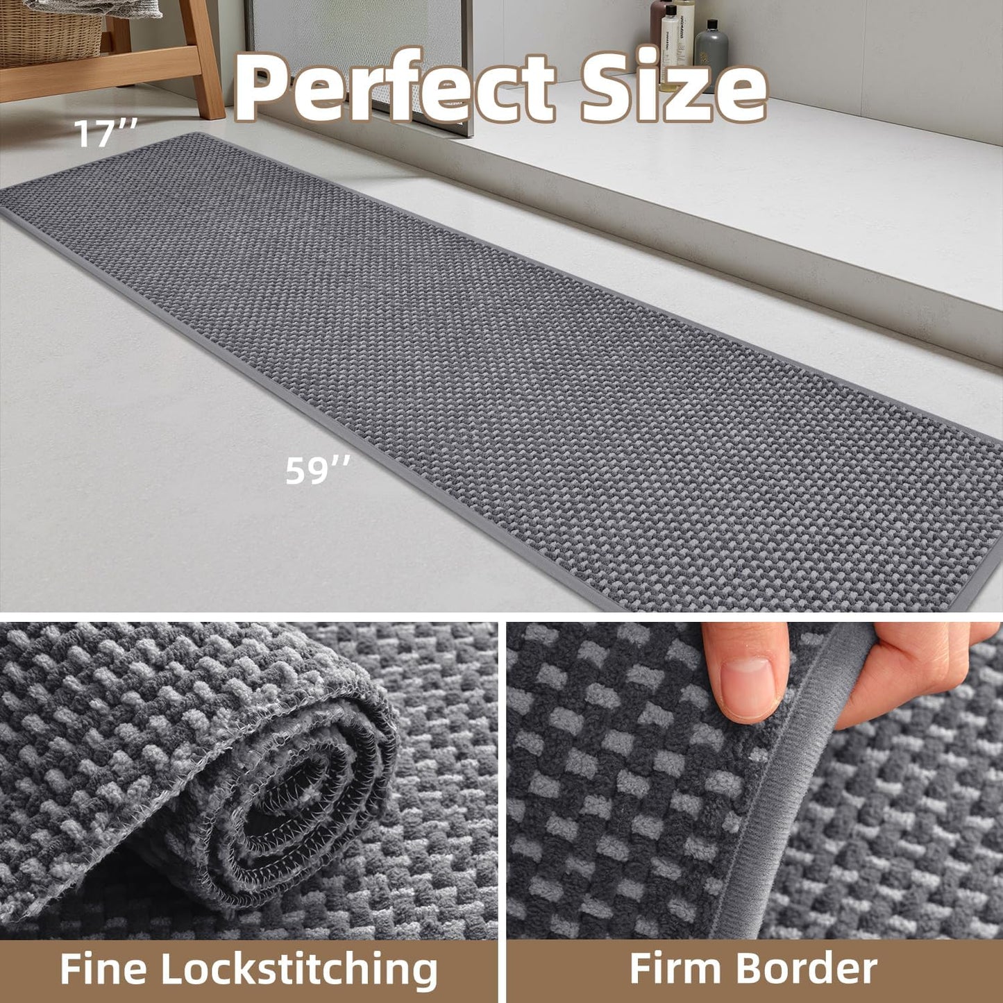 PADOOR-Bath Mat Runner-Super Absorbent Chenille Bathroom Mats-Rubber Backed Bath Mats for Bathroom Non Slip, Easy Clean Bathroom Runner Rugs Front of Bathtub,Shower Room,Sink-17×59