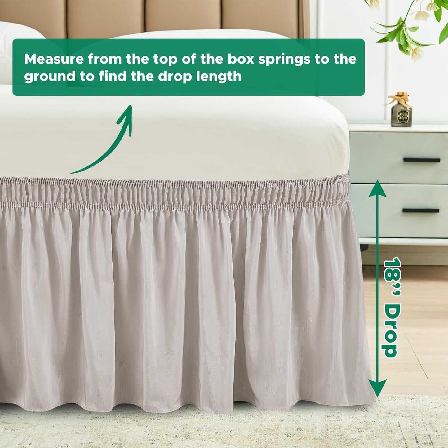 Biscaynebay Wrap Around Bedskirts for King & Cal King Beds with 18" Drop, Camel Grey Adjustable Elastic Dust Ruffles Easy Fit Wrinkle Resistant Silky Luxurious Fabric Machine Washable