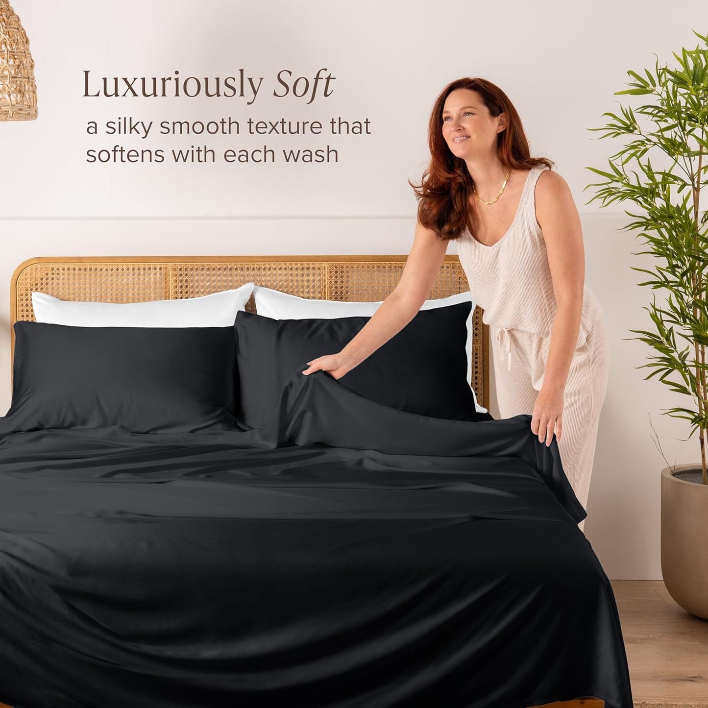 Bare Home 100% Rayon Made from Bamboo Luxury Sheet Set - 4 Piece Bedding Set - Deep Pockets - Cooling Sheets - Breathable - Easy Fit - Soft Bedding Sheets & Pillowcases (Split Head Flex King, Black)