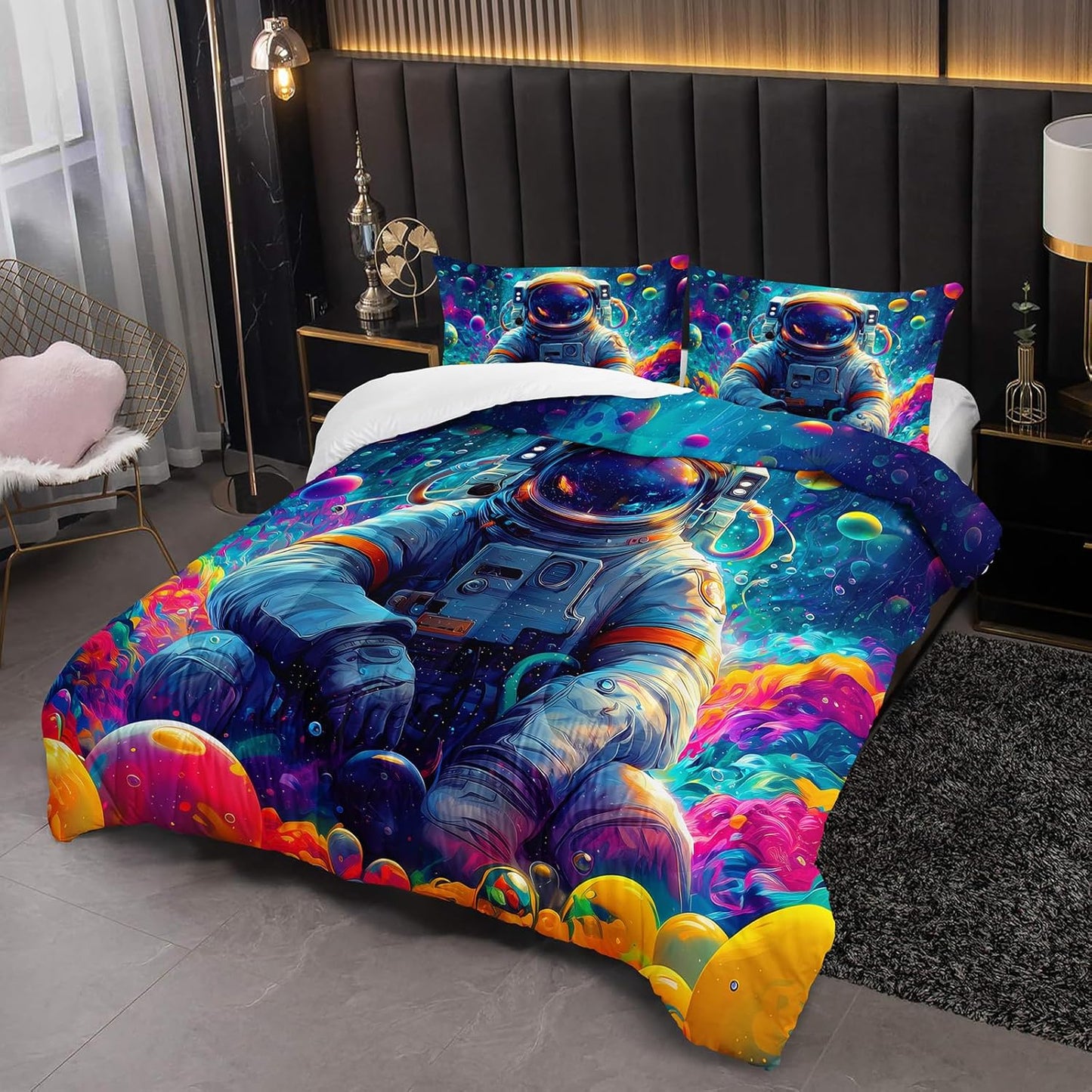 Kids Queen Size Comforter Sets Space Astronauts，Queen Size Astronaut Bedding Set，with 1 Comforter with 2 Pillow Case，Astronaut Bedroom Decor for Boys