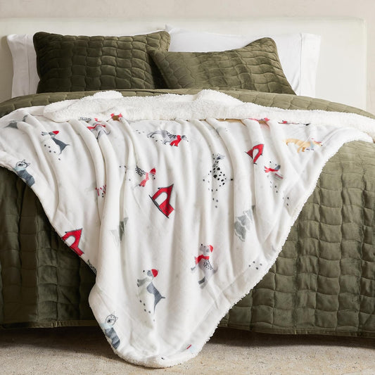 Fleece/Sherpa Christmas Throw - Super Soft Holiday Printed Blanket for Couch, Chair, or Bed - Cozy, Luxurious Plush - 50" x 60", Pups in The Snow