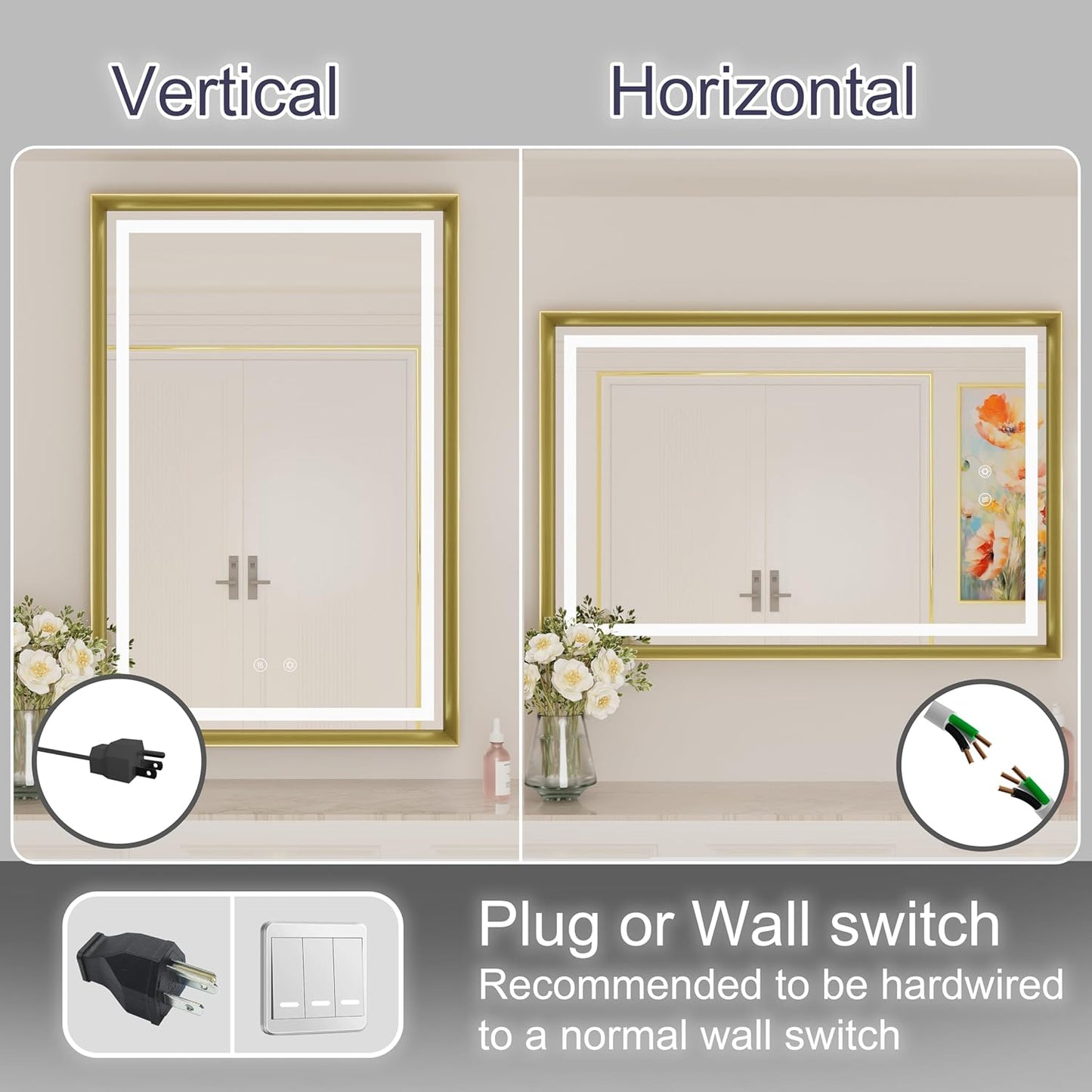 24x36 Inch Gold LED Mirror for Bathroom, 3 Color Temperatures (3000K/4500K/6000K), Anti-Fog, Dimmable Lights, Memory Function, Horizontal/Vertical Wall Mounted