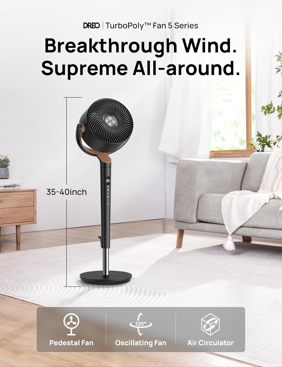 Dreo Fan for Bedroom, 120°+120°Omni-directional Oscillating Fan, DC Motor, 20 dB Quiet Standing Pedestal Fans, 90ft, 8 Speeds, 3 Modes Circulator with Remote, 35-40"Adjustable Height, 8H Timer, Black