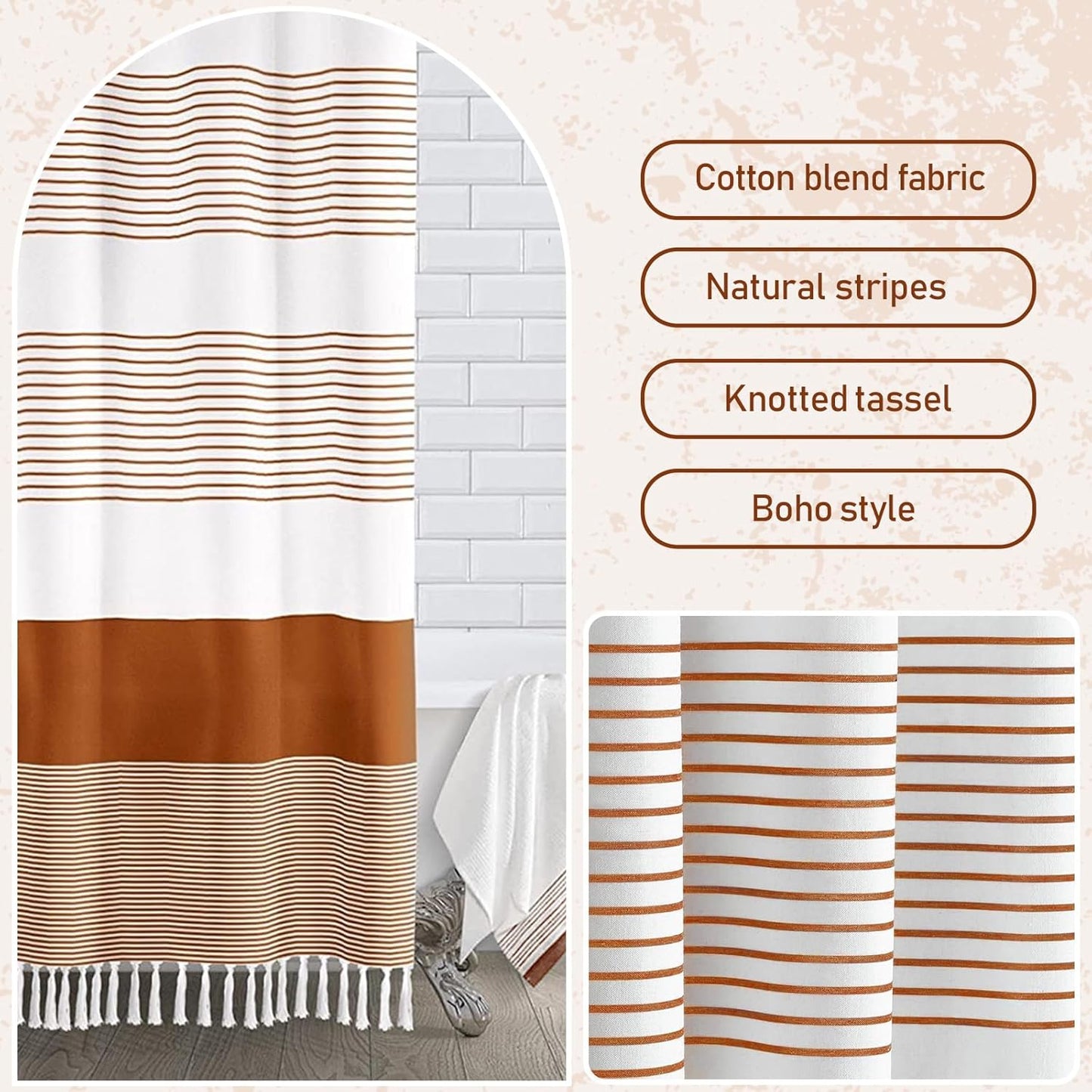 Awellife Boho Orange Shower Curtain for Bathroom Farmhouse Cotton Stripe Tassel Shower Curtain Natural Texture 96" L x 72" W