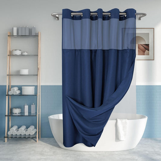 Extra Long No Hook Slub Textured Shower Curtain with Snap-in PEVA Liner Set - 71" x 86"(84"), Hotel Style with See Through Top Window, Navy Blue Fabric Curtain & Waterproof Liner, Navy Blue, 71x86