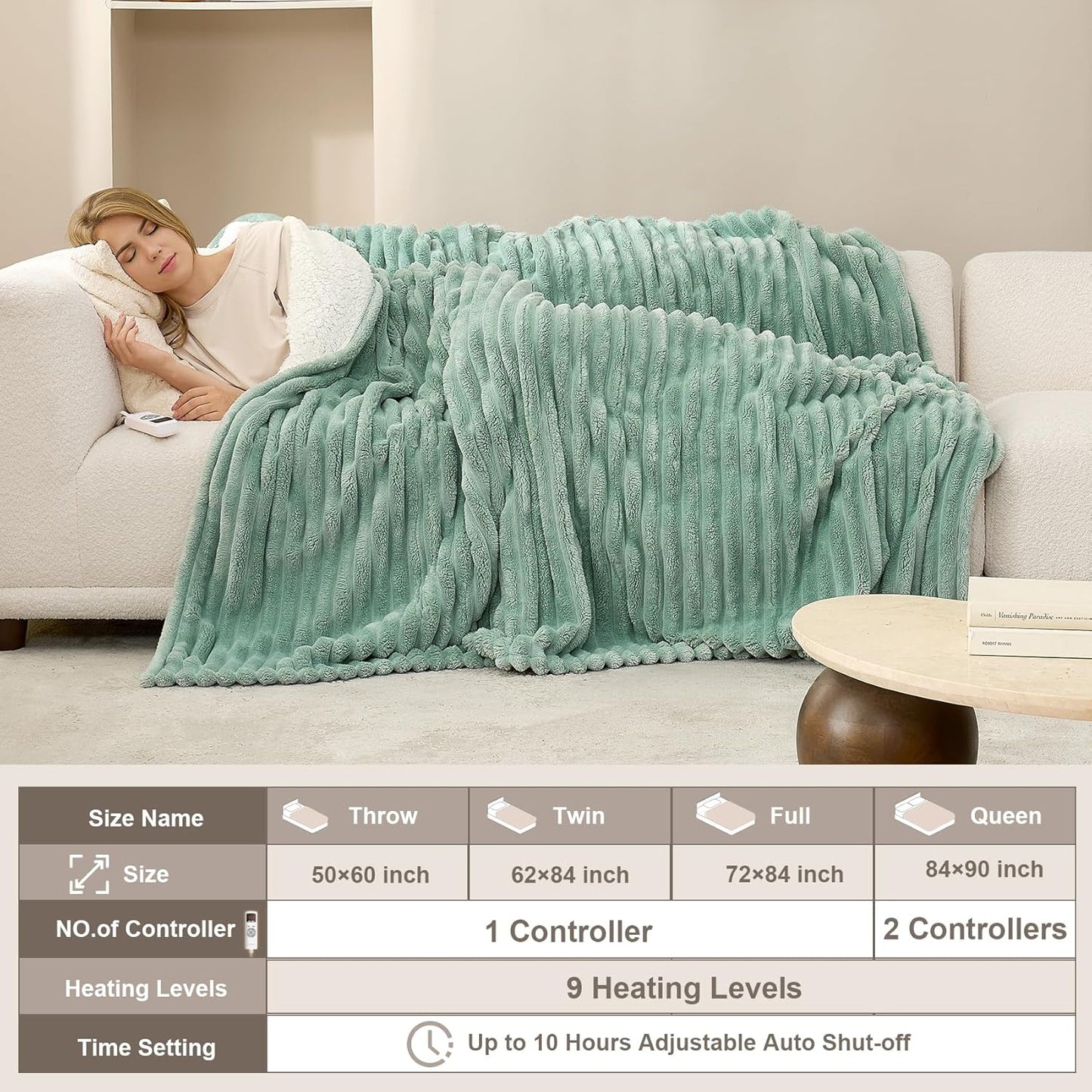 Hansleep Heated Blanket Electric Throw Full Size, Heating Blanket with 9 Heating Levels and 10-Hour Timer Auto Shut Off, Washable Soft Warm Winter Blanket, 72 x 84 Inches, Green