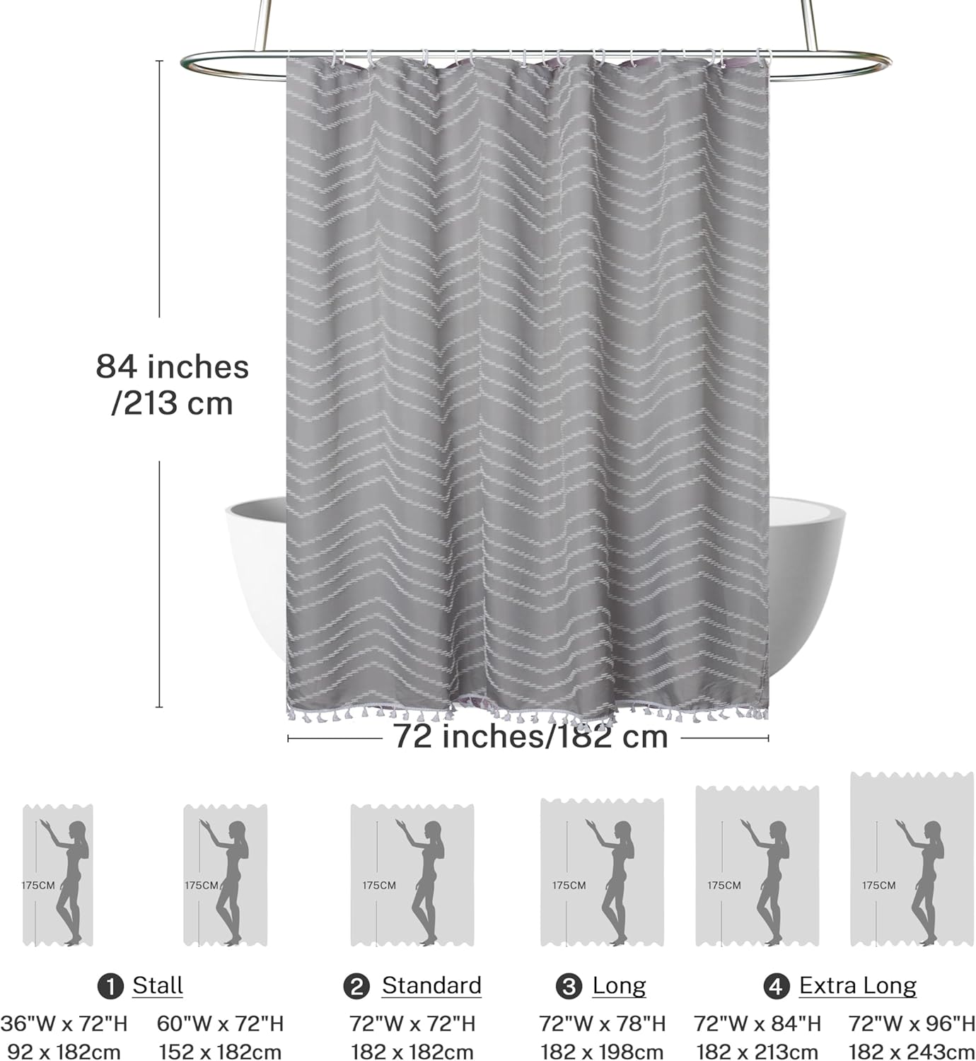 Extra Long Grey Boho Shower Curtain with Tassel, Woven Fabric 84 in Shower Curtain, Tufted Chevron Striped, 72 x 84, Modern Chic Textured Minimalist Bathroom Shower