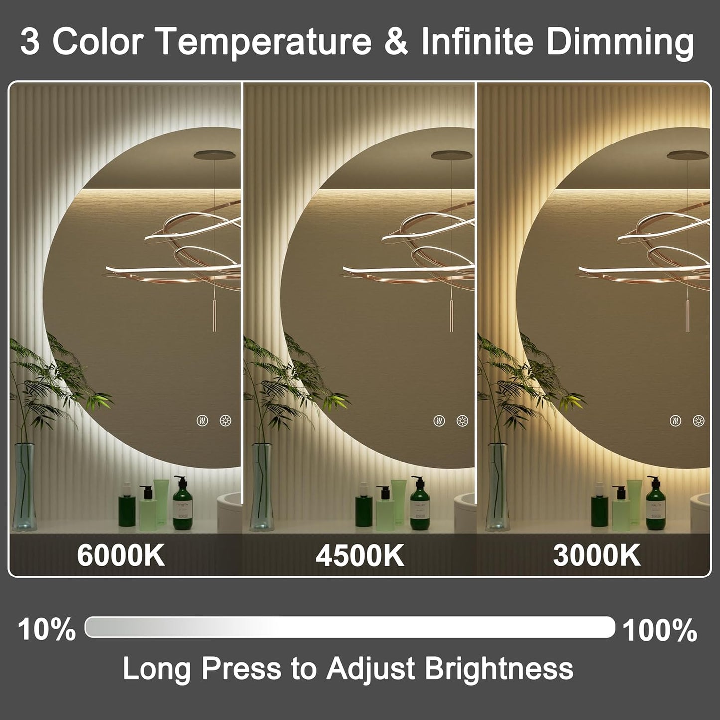 42-inch Round LED Bathroom Mirror with Light, 3 Color Temperatures (3000K/4500K/6000K), Dimmable Backlit, Anti-Fog, 5MM HD Glass, CRI 90+, Memory, Frameless