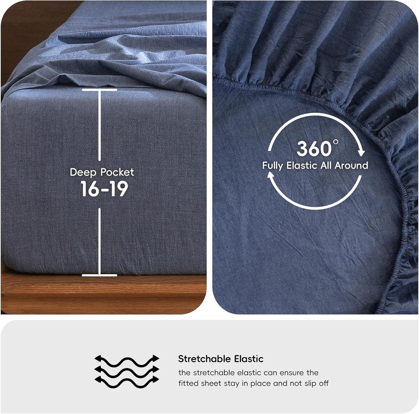 MooMee Bedding Sheet Set 100% Washed Cotton Linen Like Textured Breathable Durable Soft Comfy (Heathered Blue, Twin)