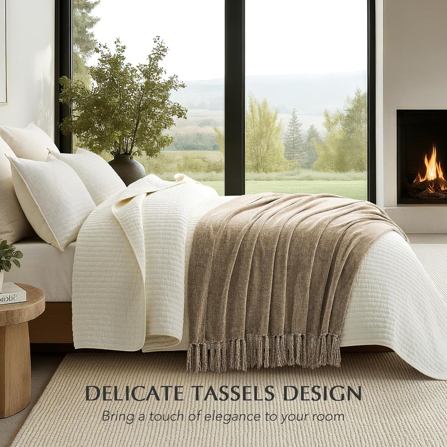 EVERGRACE Soft Chenille Throw Blanket for Couch, Cozy Plush Fuzzy Decorative Chenille Knit Throw Blanket with Tassels, Lightweight Blanket and Throws for Bed Sofa Gift Home Decor, Beige 60"x80"