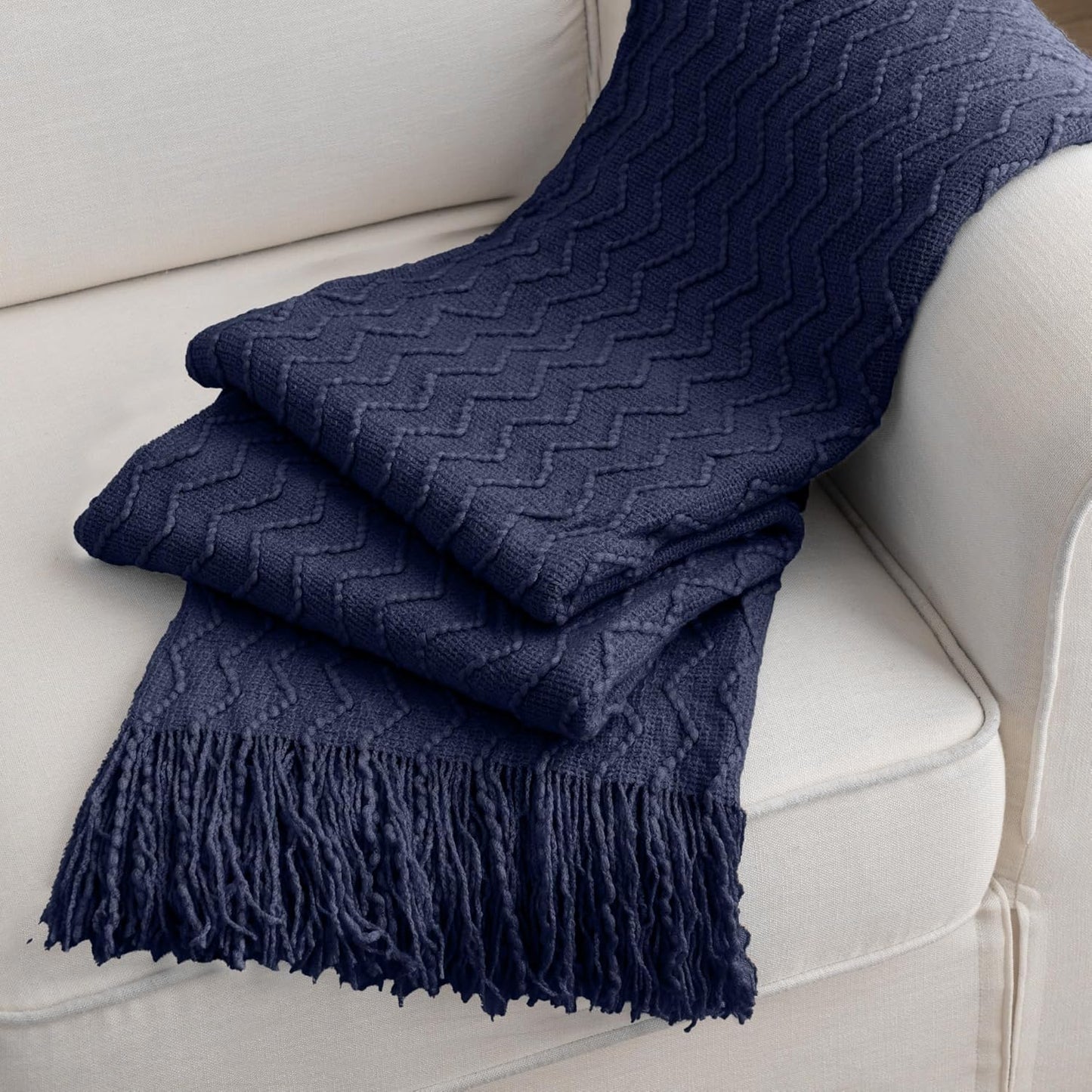 BATTILO HOME Navy Blue Throw Blanket for Couch, Textured Soft Navy Throw, Decorative Knitted Navy Blanket Throw for Sofa Bed Living Room, 50"x60"