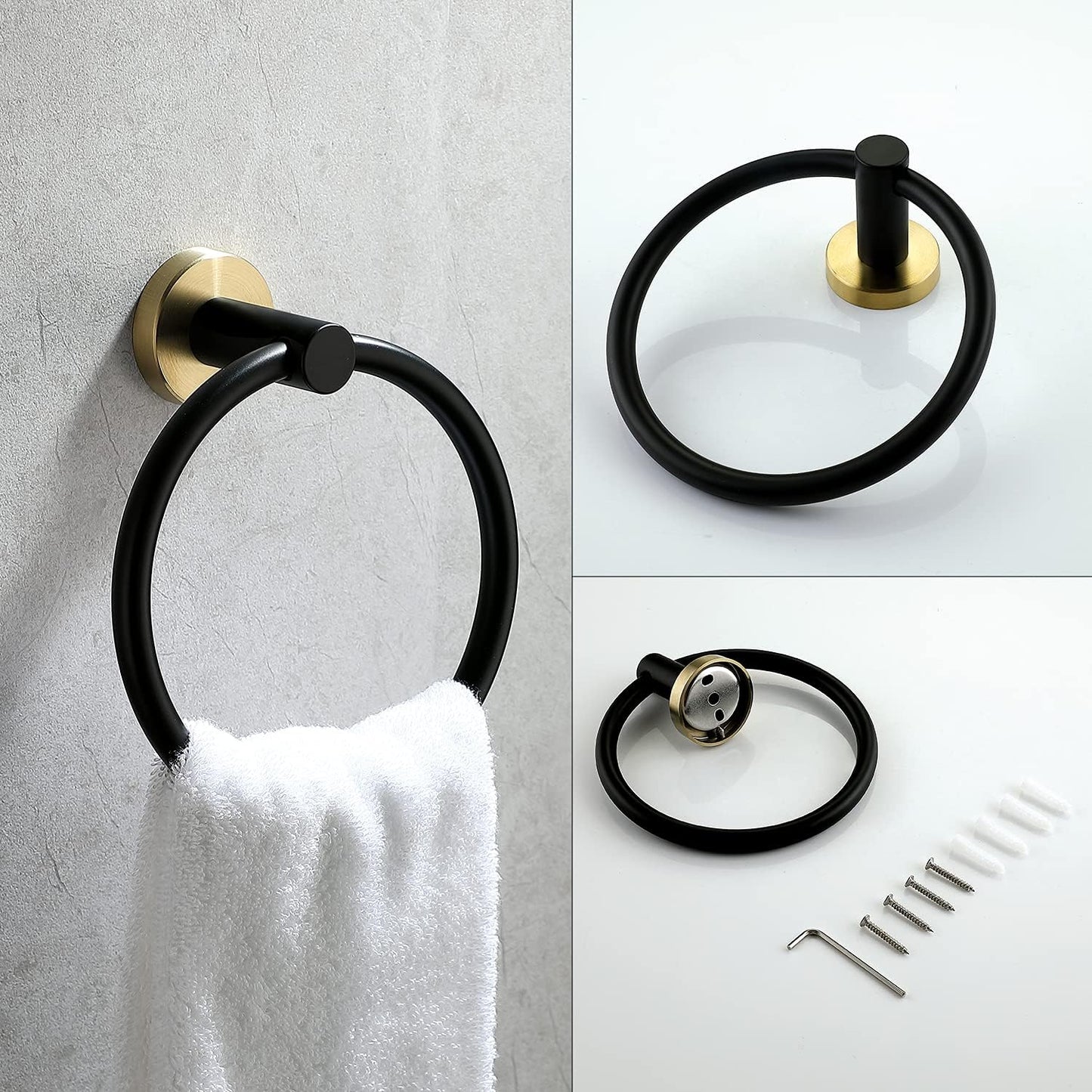 4 Piece Stainless Steel Matte Black and Brushed Gold Bathroom Hardware Set Include Hand Towel Ring Holder, Toilet Paper Holder,and 2 Robe Towel Hooks,Bathroom Accessories Kit