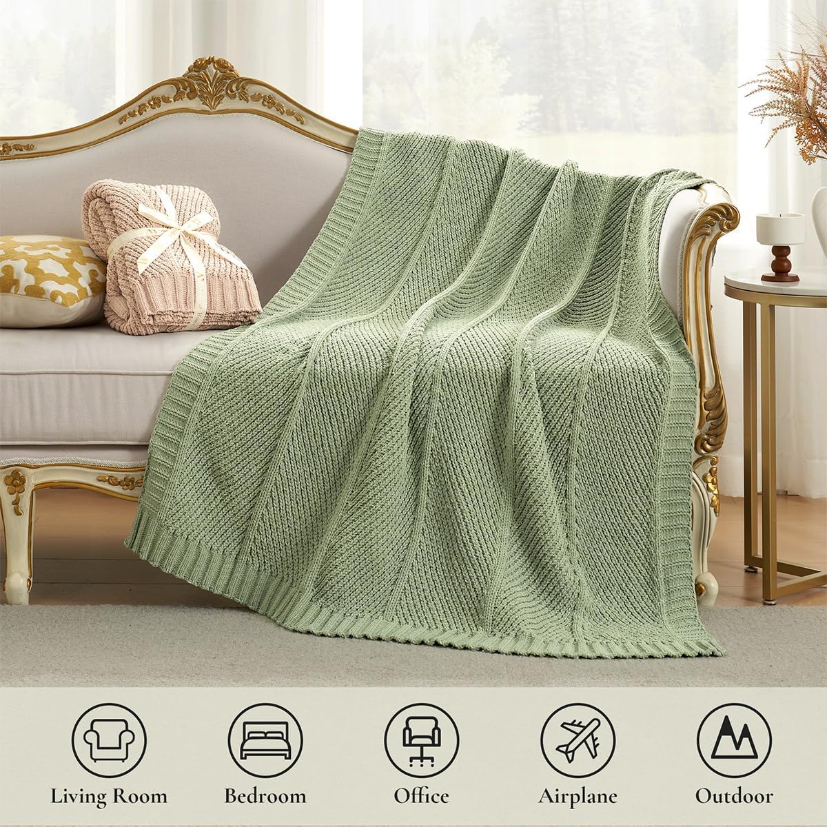 Amélie Home Chevron Chenille Knit Throw Blanket for Couch, Cozy Texture Decorative Soft Blanket for Sofa & Chair, 50"x60", Sage Green