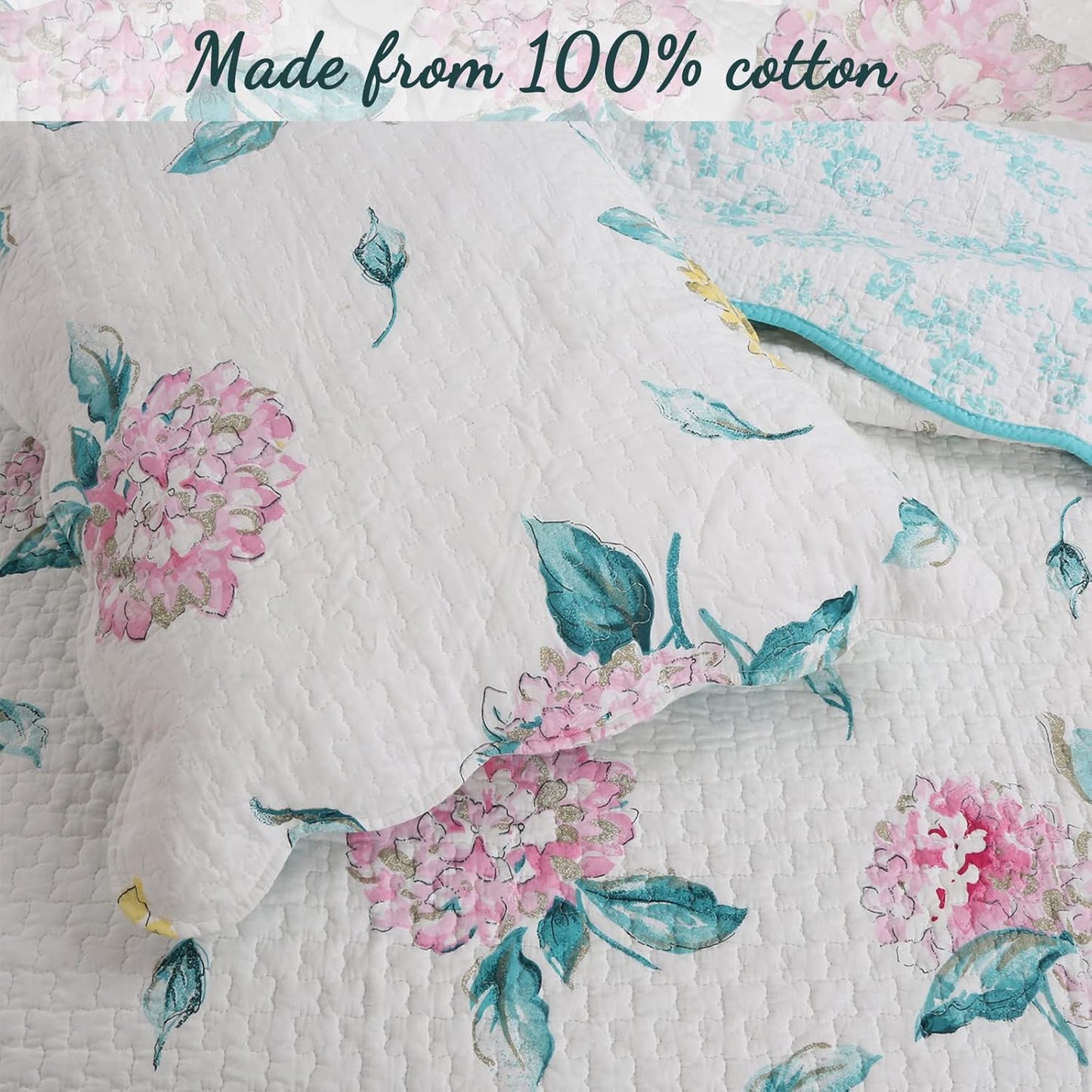 Cozy Line Home Fashions Turquoise Blue Floral Hydrangea Garden Leaf 100% Cotton Reversible Quilt Bedding Set, Coverlet, Bedspread (Valencia Bloom, Queen - 3 Piece)