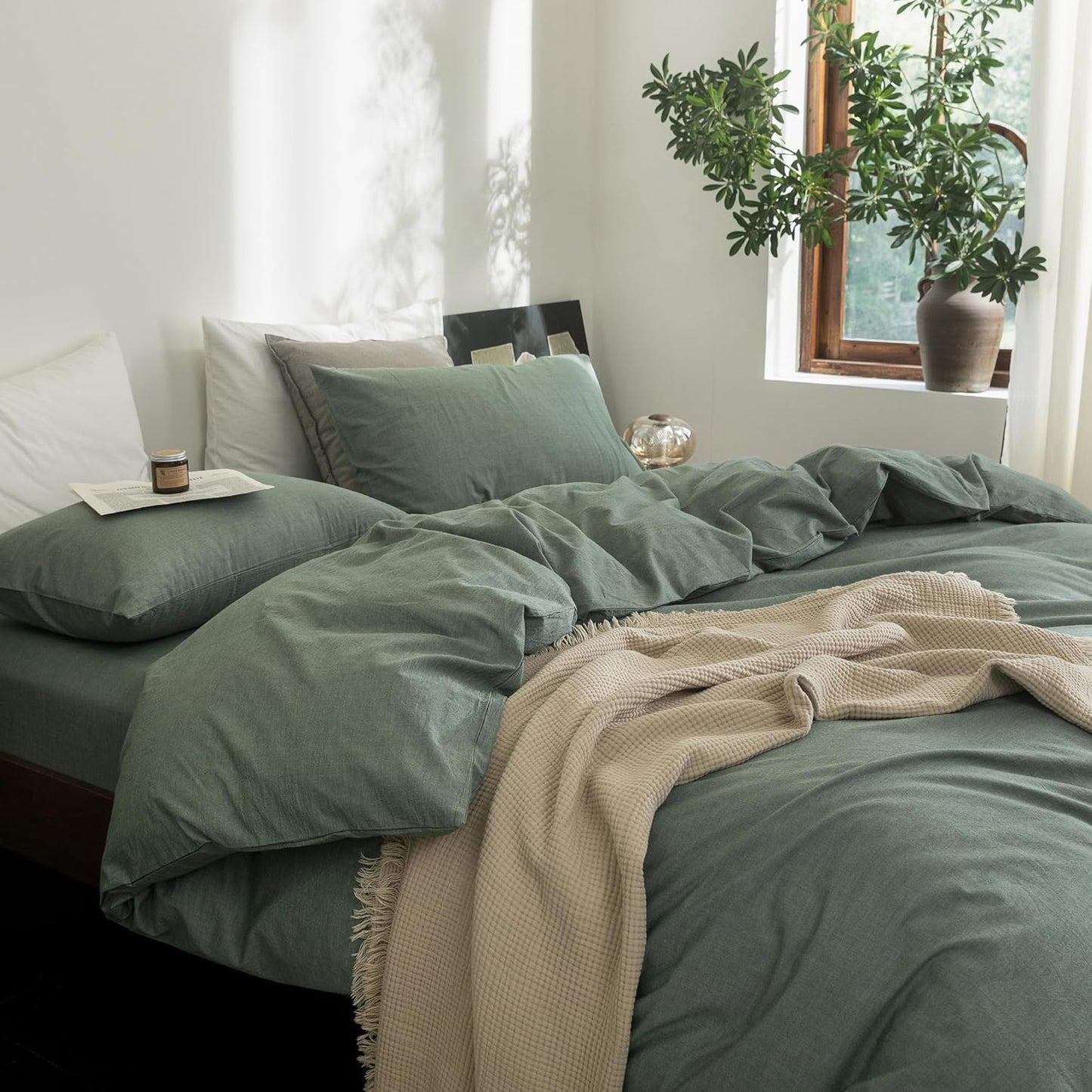 FOSSA Duvet Cover Set 100% Washed Cotton Linen Feel Super Soft Breathable Cozy Simple Style 3 Pieces Bedding Sets Solid Heathered Green King