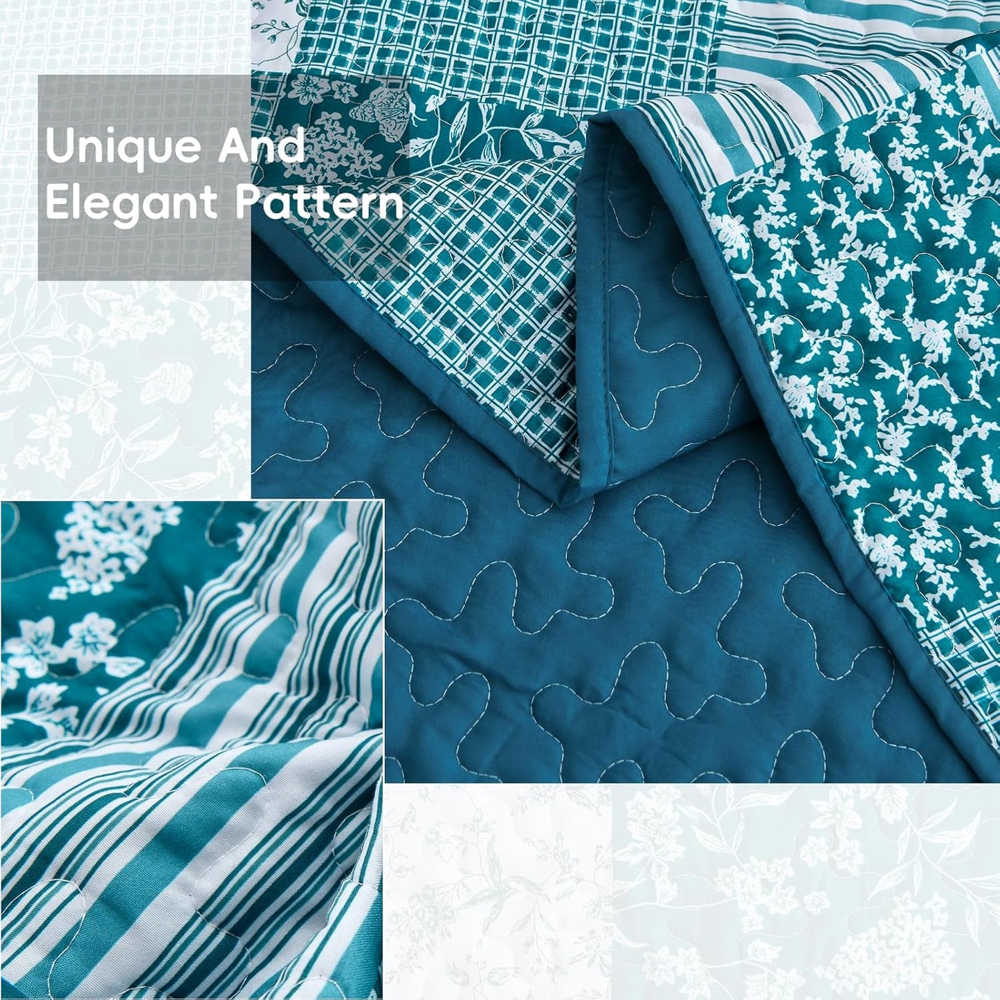 Mybedsoul Teal Blue Quilt Set Queen Size 3 Pieces Boho Plaid Turquoise Floral Bedspread Set Microfiber Lightweight Bohemian Bedding Bedspread Coverlet Set for All Season 90"x96"