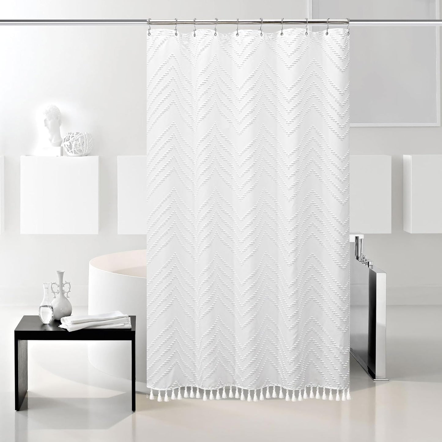 Stall Boho Woven Fabric Shower Curtain - White Tassel, 48 x 72, Modern Farmhouse Textured Tufted Chevron Striped Minimalist Bathroom Curtain