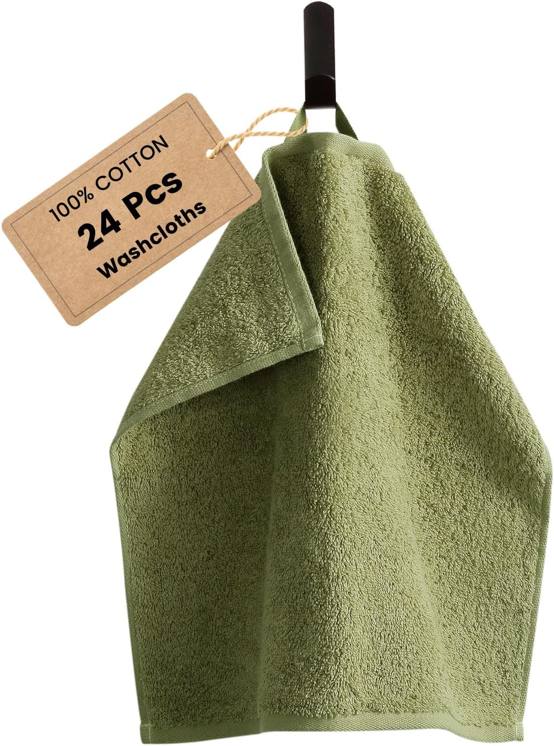 SEMAXE 100% Cotton Washcloths for Bathroom - 24 Pack, Quick-Dry Face Towels with Hanging Loop, Highly Absorbent and Soft, 13x13 Inch, Green