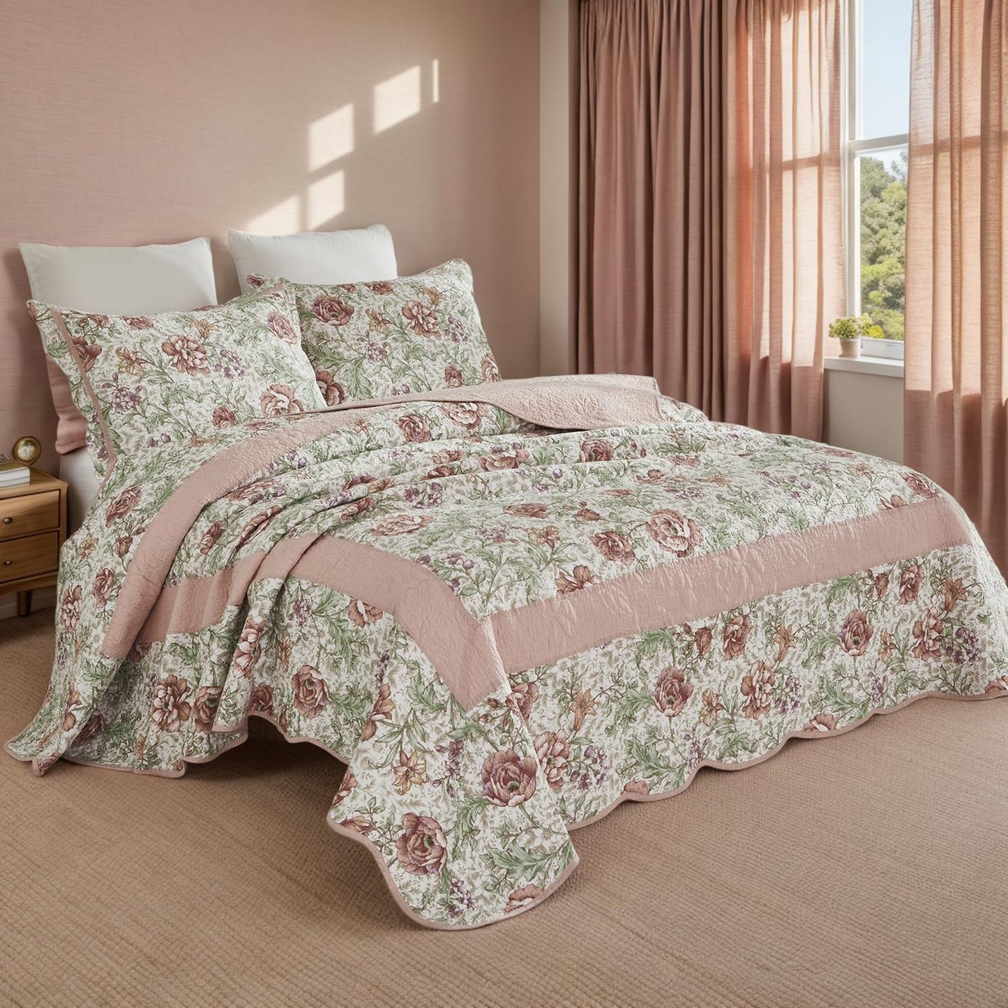 Brandeam Queen Size Quilt Set Cotton Pink Floral Quilts Country Rustic Patchwork Quilts Lightweight Summer Bedspread 3-Piece