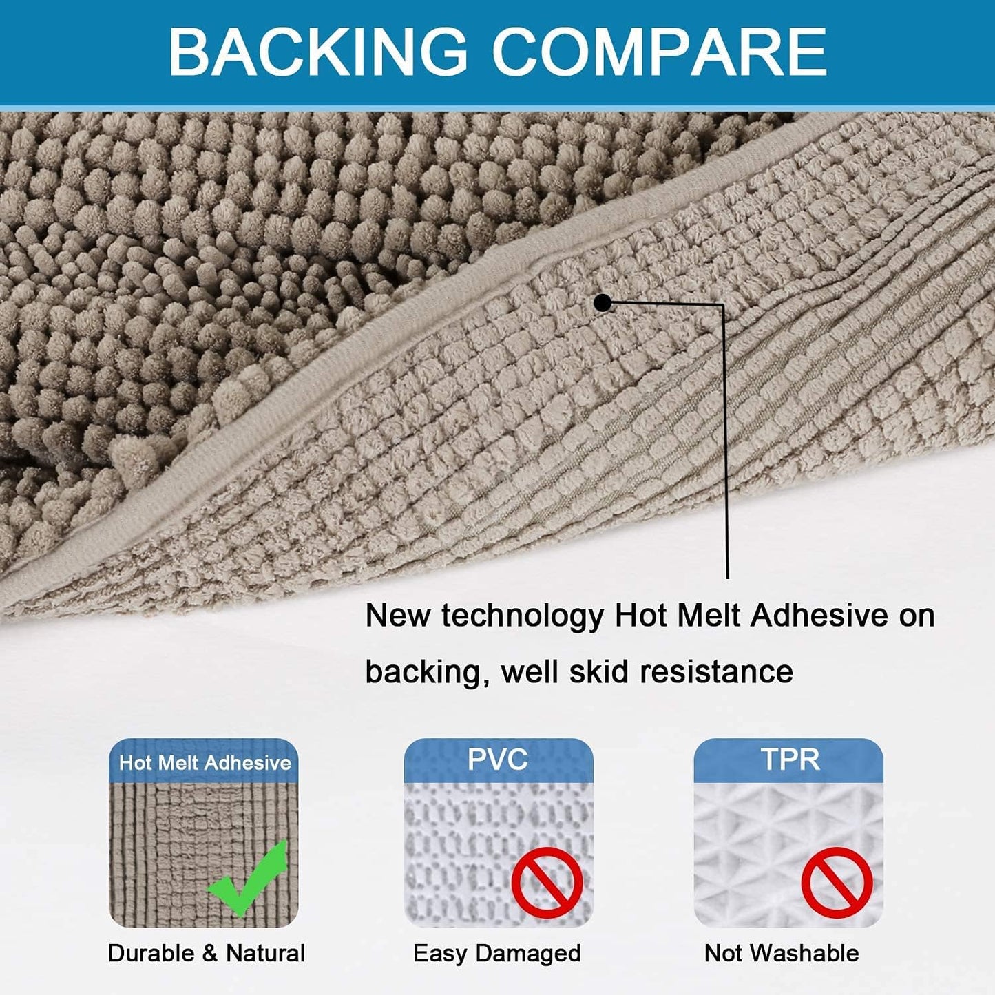 H.VERSAILTEX Bathroom Rugs Bath Rugs for Bathroom Non Slip Bath Mats Extra Thick Chenille Striped Rug 17" x 24" Absorbent Soft Shaggy Washable Dry Fast Bath Mats for Bath Room Floor - Taupe