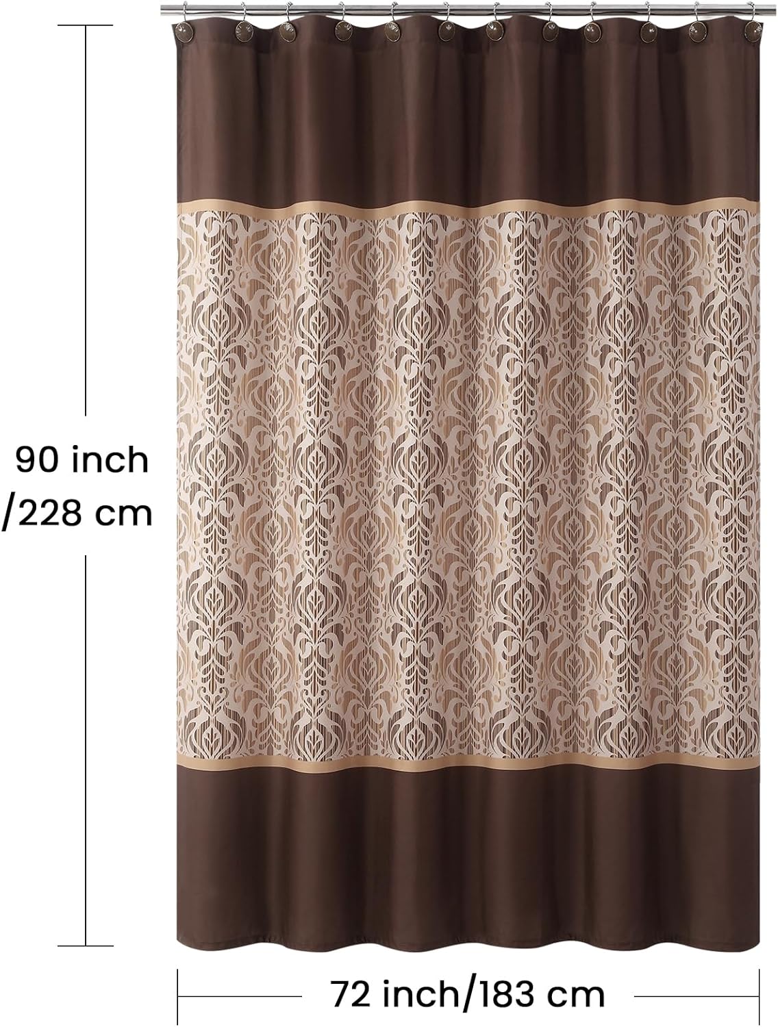 90 Inch Fabric Shower Curtain, Extra Long Brown Damask Shower Curtains for Bathroom, 72" W x 90" H
