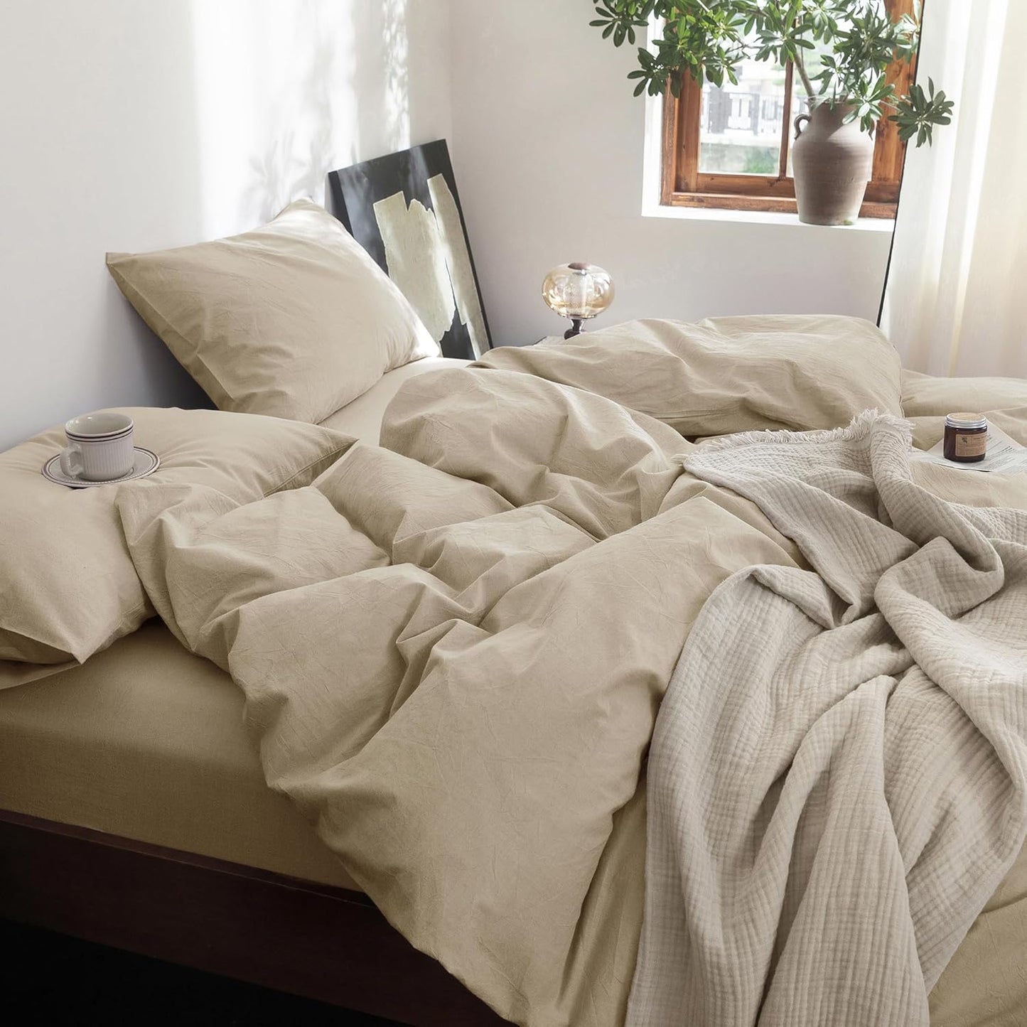 FOSSA Duvet Cover Set 100% Washed Cotton Linen Feel Super Soft Breathable Cozy 3 Pieces Bedding Sets Solid Light Khaki Queen