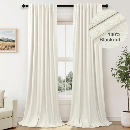 100 Inch Curtains Blackout for Bedroom Cooling Black Out Large Window Linen Look Custom Length 100 Inches Long Neutral Cream Colored Sound Proof Heat Blocking Thermal Drapes for Living Room Dorm 2Pcs