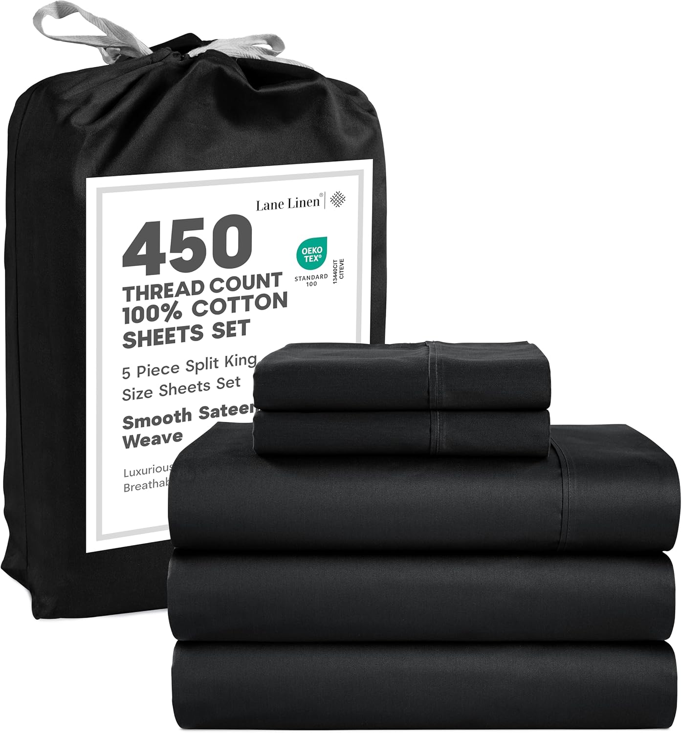 LANE LINEN Sheets for Split King Adjustable Bed – 450 Thread Count 100% Cotton, Soft & Cooling Sateen Weave, 15” Deep Pocket Fully Elasticized Fitted Sheet, Machine Washable, Black