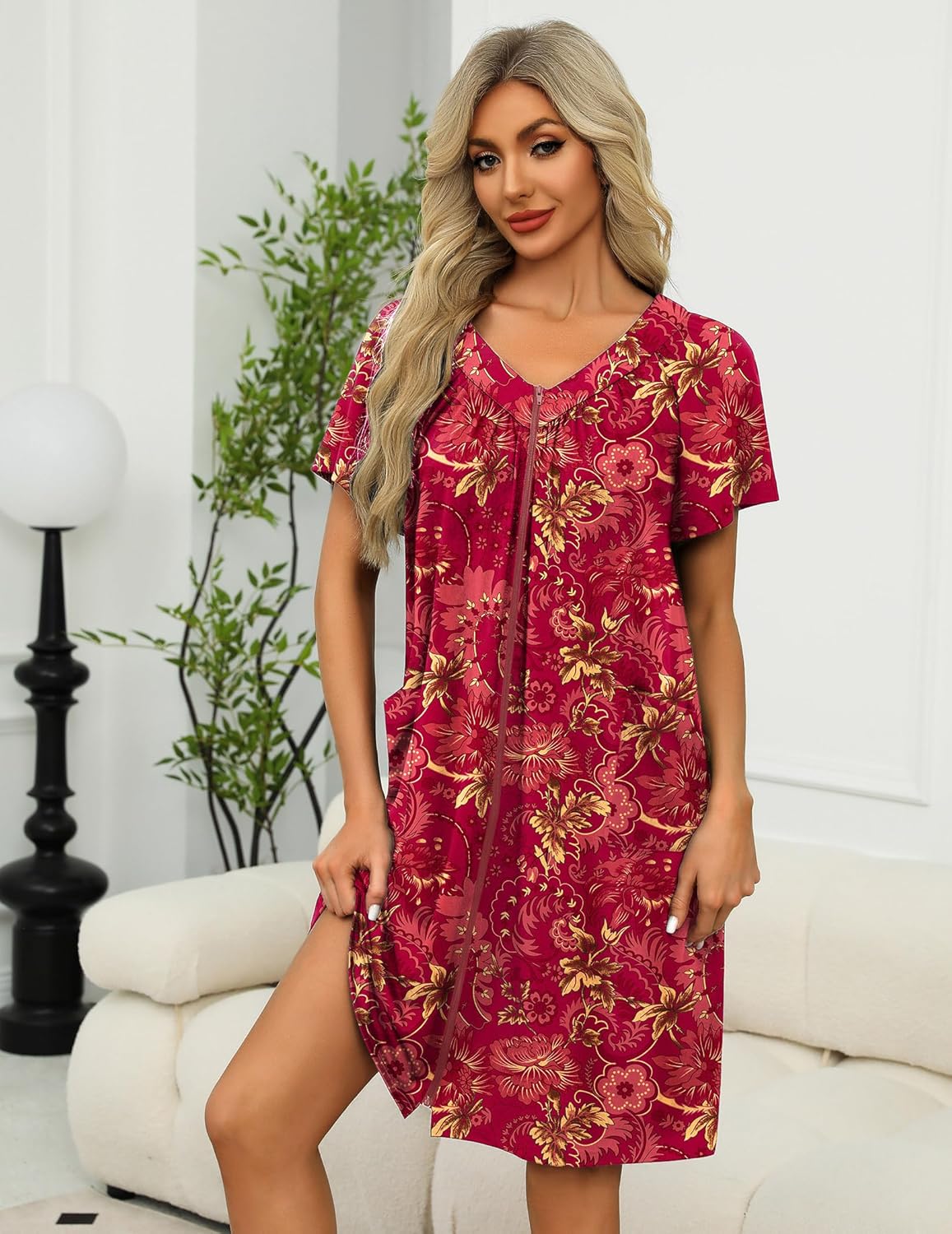 Ekouaer Women Robe Zipper Front Mumu Duster Robes Zip Up Housecoat Soft Sleepwear with Pockets S-3XL