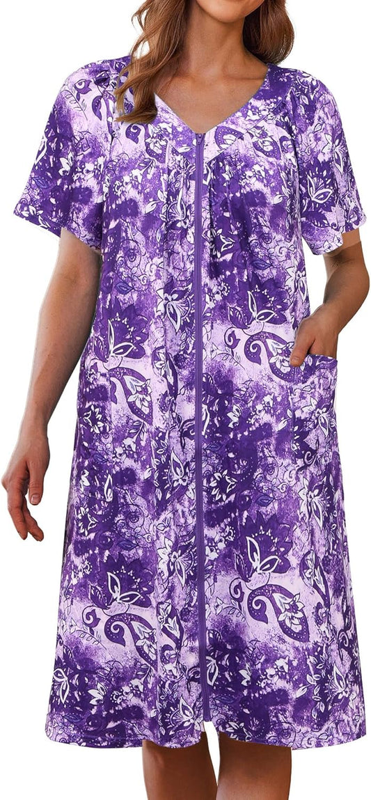 Ekouaer Women Robe Zipper Front Mumu Duster Robes Zip Up Housecoat Soft Sleepwear with Pockets S-3XL