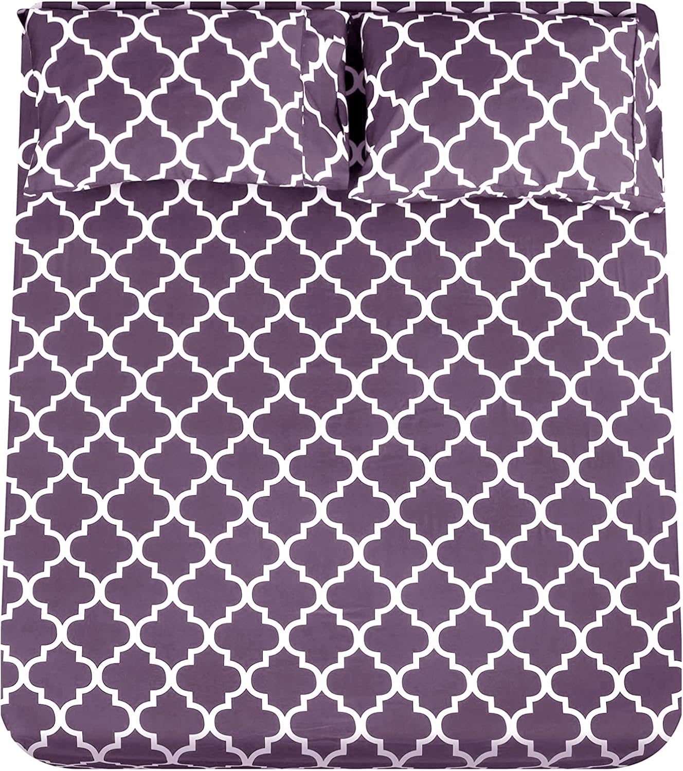 Mejoroom King Bed Sheet Set - Super Soft Brushed Microfiber 1800 Thread Count Sheets with 15 inch Deep Pocket - Wrinkle Free - 4 Piece (King, Purple Quatrefoil with White Pattern)