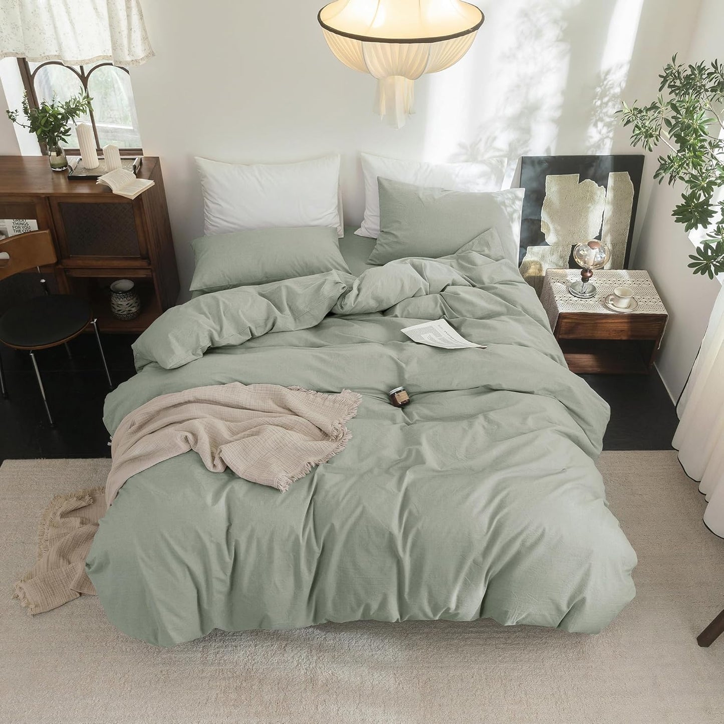 FOSSA Duvet Cover Set 100% Washed Cotton Linen Feel Super Soft Breathable Cozy 3 Pieces Bedding Sets Solid Sage Green Super King